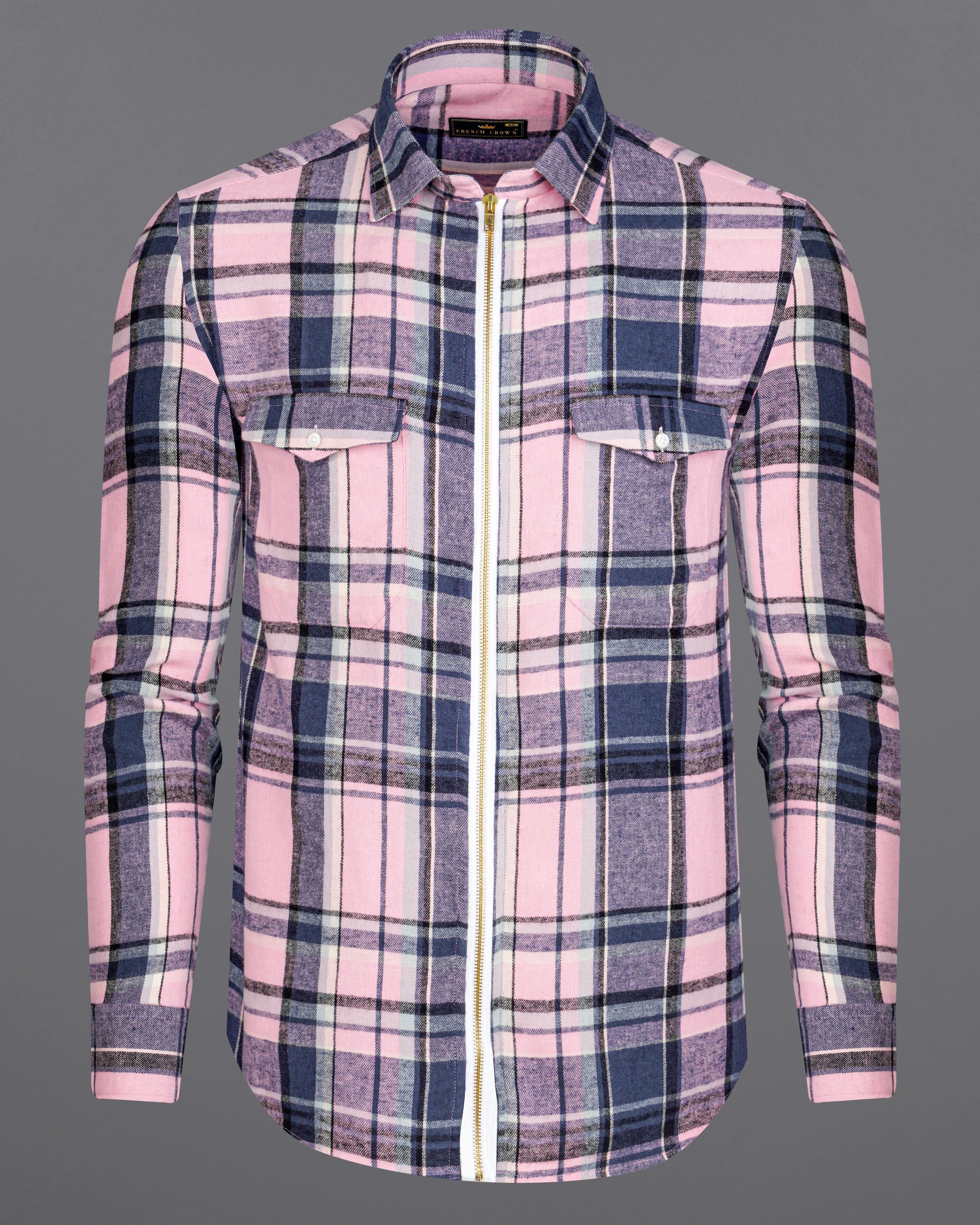 Azalea Pink with Chambray Navy Blue and Black Plaid Flannel Designer Overshirt/Shacket with Zipper Closure 8443-OS-FP-38, 8443-OS-FP-H-38, 8443-OS-FP-39, 8443-OS-FP-H-39, 8443-OS-FP-40, 8443-OS-FP-H-40, 8443-OS-FP-42, 8443-OS-FP-H-42, 8443-OS-FP-44, 8443-OS-FP-H-44, 8443-OS-FP-46, 8443-OS-FP-H-46, 8443-OS-FP-48, 8443-OS-FP-H-48, 8443-OS-FP-50, 8443-OS-FP-H-50, 8443-OS-FP-52, 8443-OS-FP-H-52