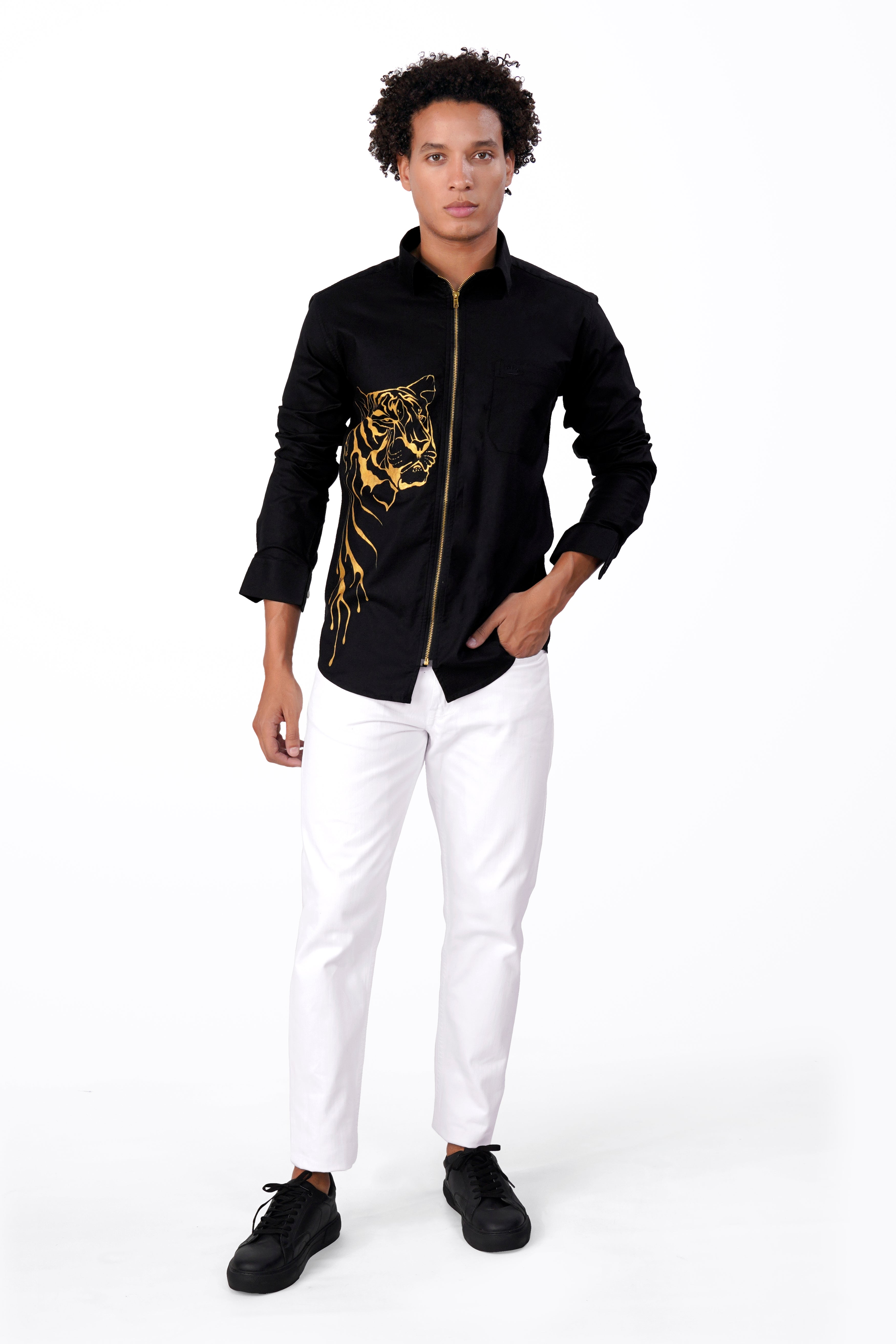 Jade Black with Golden Tiger Hand Painted Royal Oxford Designer Overshirt with Zipper Closure 8516-ZP-P75-ART-38, 8516-ZP-P75-ART-H-38, 8516-ZP-P75-ART-39, 8516-ZP-P75-ART-H-39, 8516-ZP-P75-ART-40, 8516-ZP-P75-ART-H-40, 8516-ZP-P75-ART-42, 8516-ZP-P75-ART-H-42, 8516-ZP-P75-ART-44, 8516-ZP-P75-ART-H-44, 8516-ZP-P75-ART-46, 8516-ZP-P75-ART-H-46, 8516-ZP-P75-ART-48, 8516-ZP-P75-ART-H-48, 8516-ZP-P75-ART-50, 8516-ZP-P75-ART-H-50, 8516-ZP-P75-ART-52, 8516-ZP-P75-ART-H-52