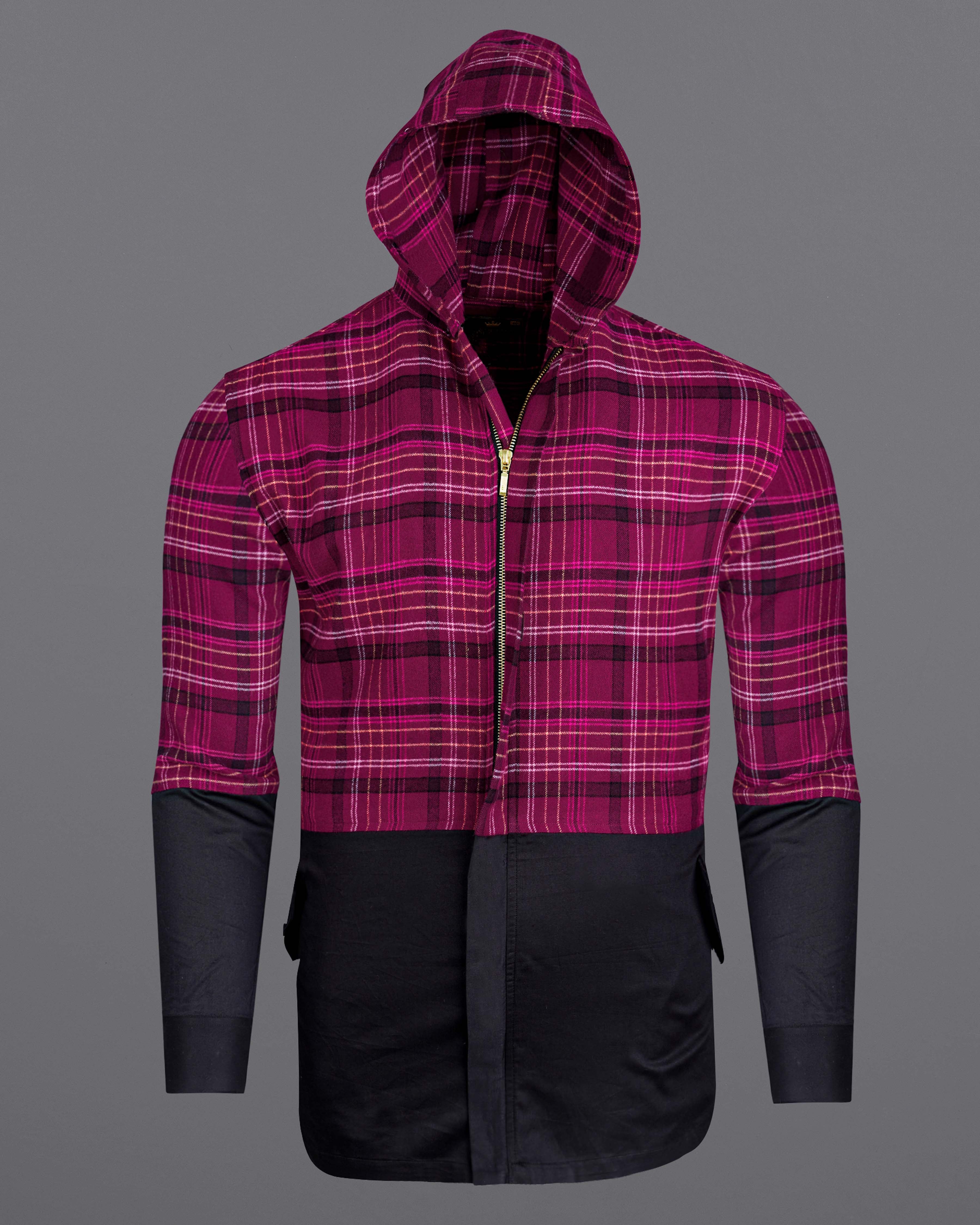 Mulberry Pink with Jade Black Flannel Hooded Designer Overshirt 8534-P123-38,8534-P123-H-38,8534-P123-389,8534-P123-389,8534-P123-40,8534-P123-H-40,8534-P123-402,8534-P123-402,8534-P123-404,8534-P123-404,8534-P123-406,8534-P123-406,8534-P123-408,8534-P123-408,8534-P123-50,8534-P123-H-50,8534-P123-502,8534-P123-502