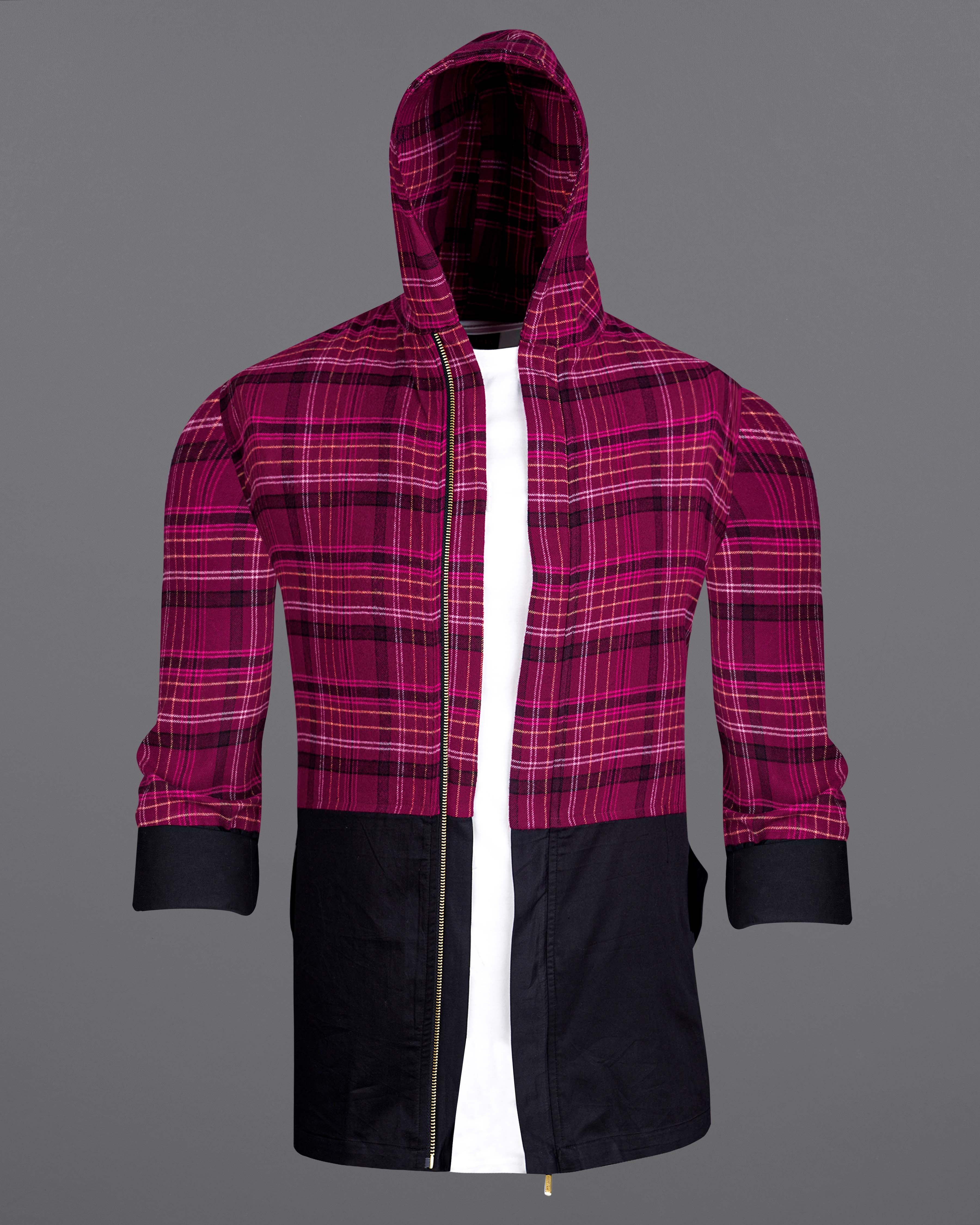 Mulberry Pink with Jade Black Flannel Hooded Designer Overshirt 8534-P123-38,8534-P123-H-38,8534-P123-389,8534-P123-389,8534-P123-40,8534-P123-H-40,8534-P123-402,8534-P123-402,8534-P123-404,8534-P123-404,8534-P123-406,8534-P123-406,8534-P123-408,8534-P123-408,8534-P123-50,8534-P123-H-50,8534-P123-502,8534-P123-502