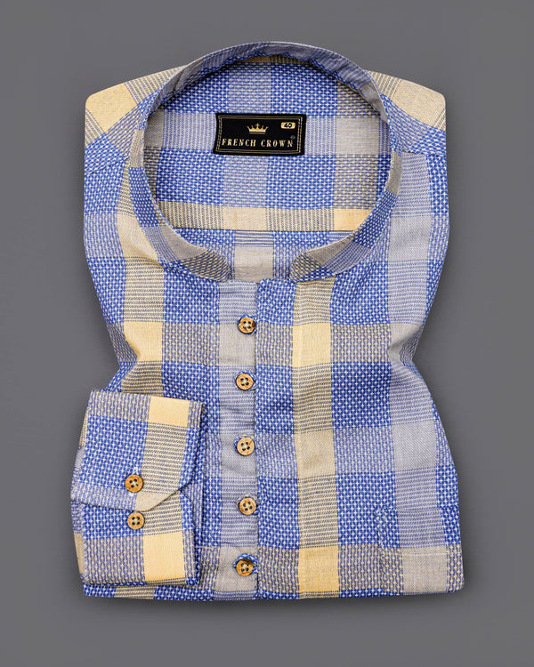 Glaucous Blue with Chardonnay Yellow Checked Dobby Kurta Shirt  8620-KS-38,8620-KS-H-38,8620-KS-39,8620-KS-H-39,8620-KS-40,8620-KS-H-40,8620-KS-42,8620-KS-H-42,8620-KS-44,8620-KS-H-44,8620-KS-46,8620-KS-H-46,8620-KS-48,8620-KS-H-48,8620-KS-50,8620-KS-H-50,8620-KS-52,8620-KS-H-52