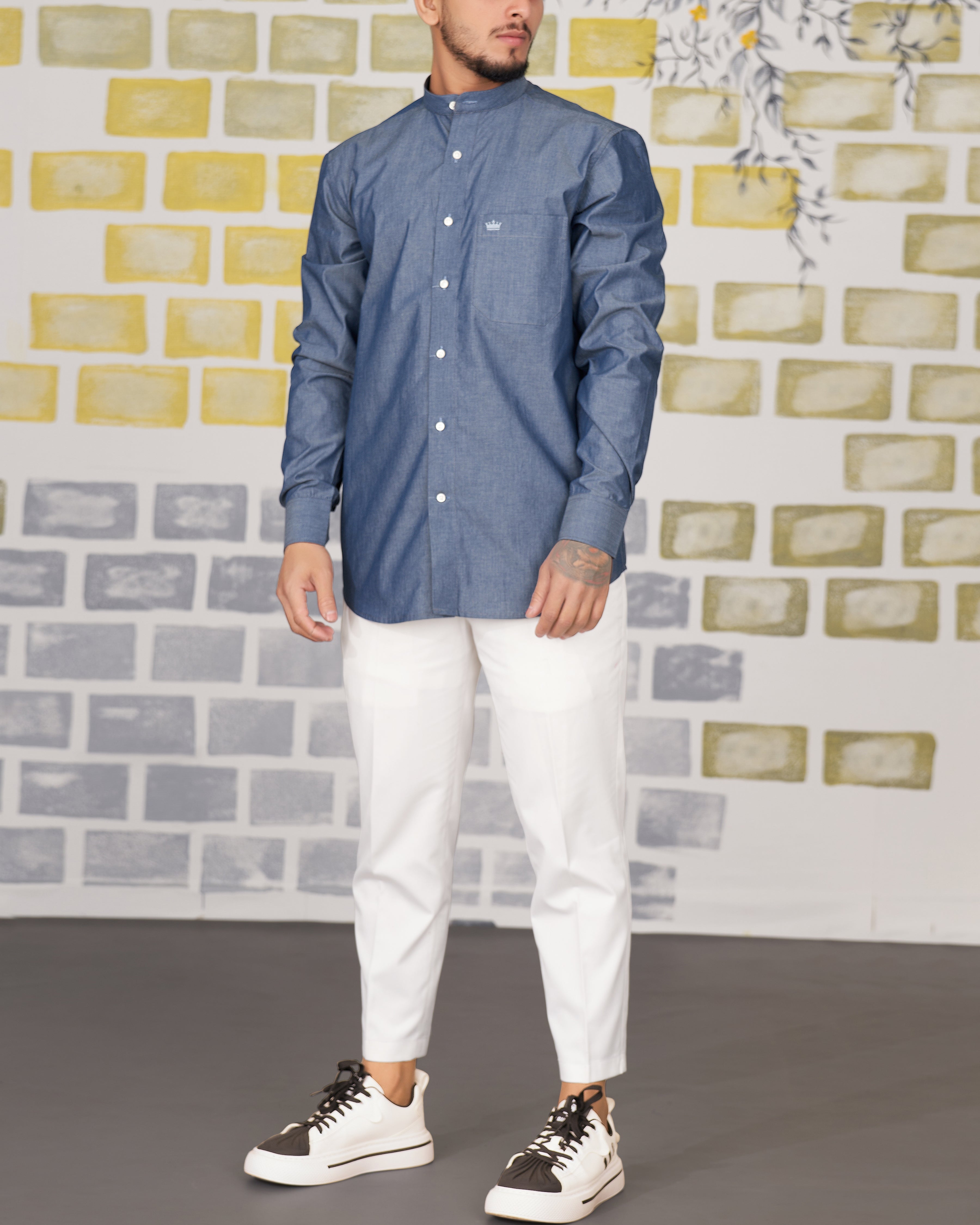 Shuttle Gray chambray mandarin collared shirt