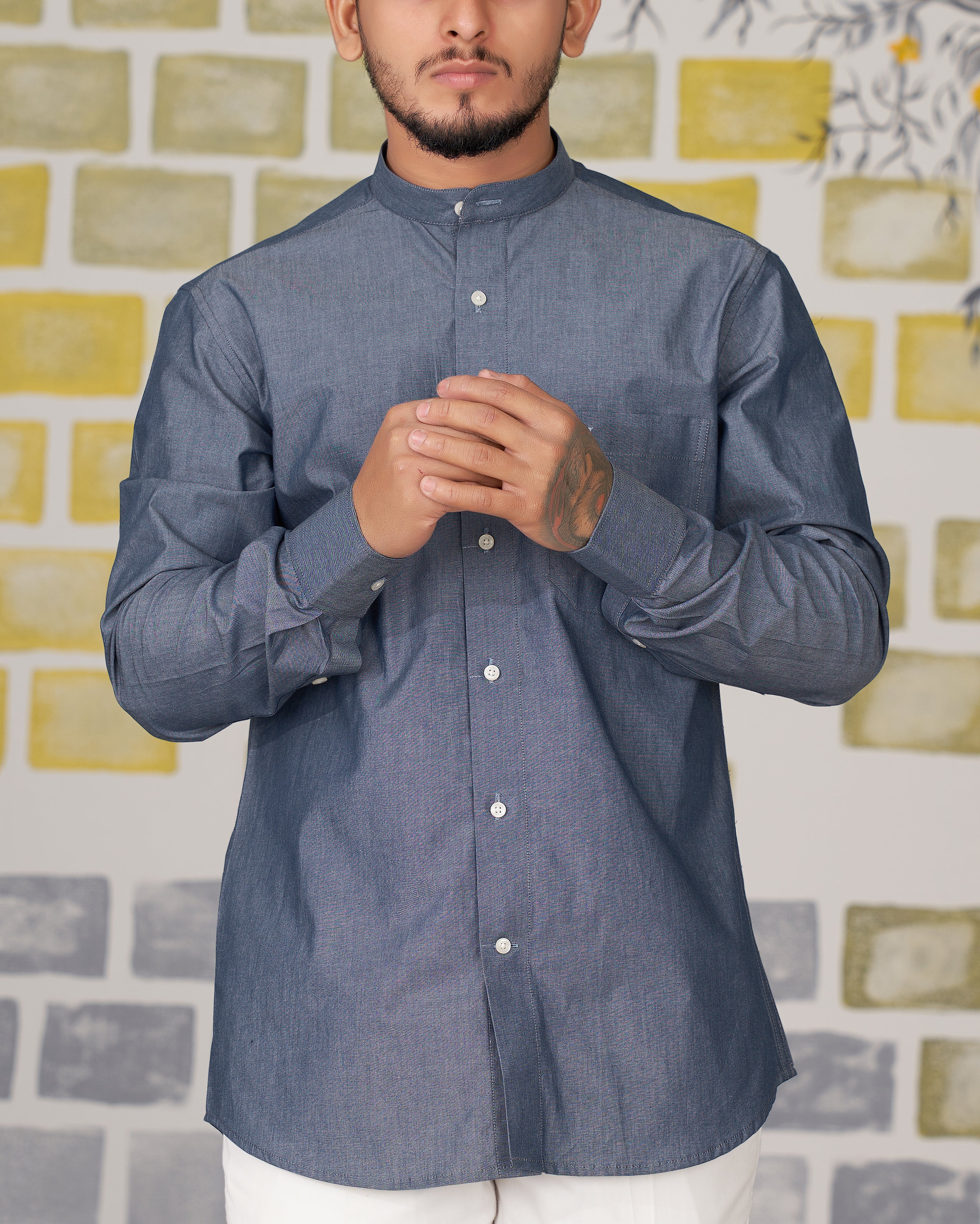 Shuttle Gray chambray mandarin collared shirt