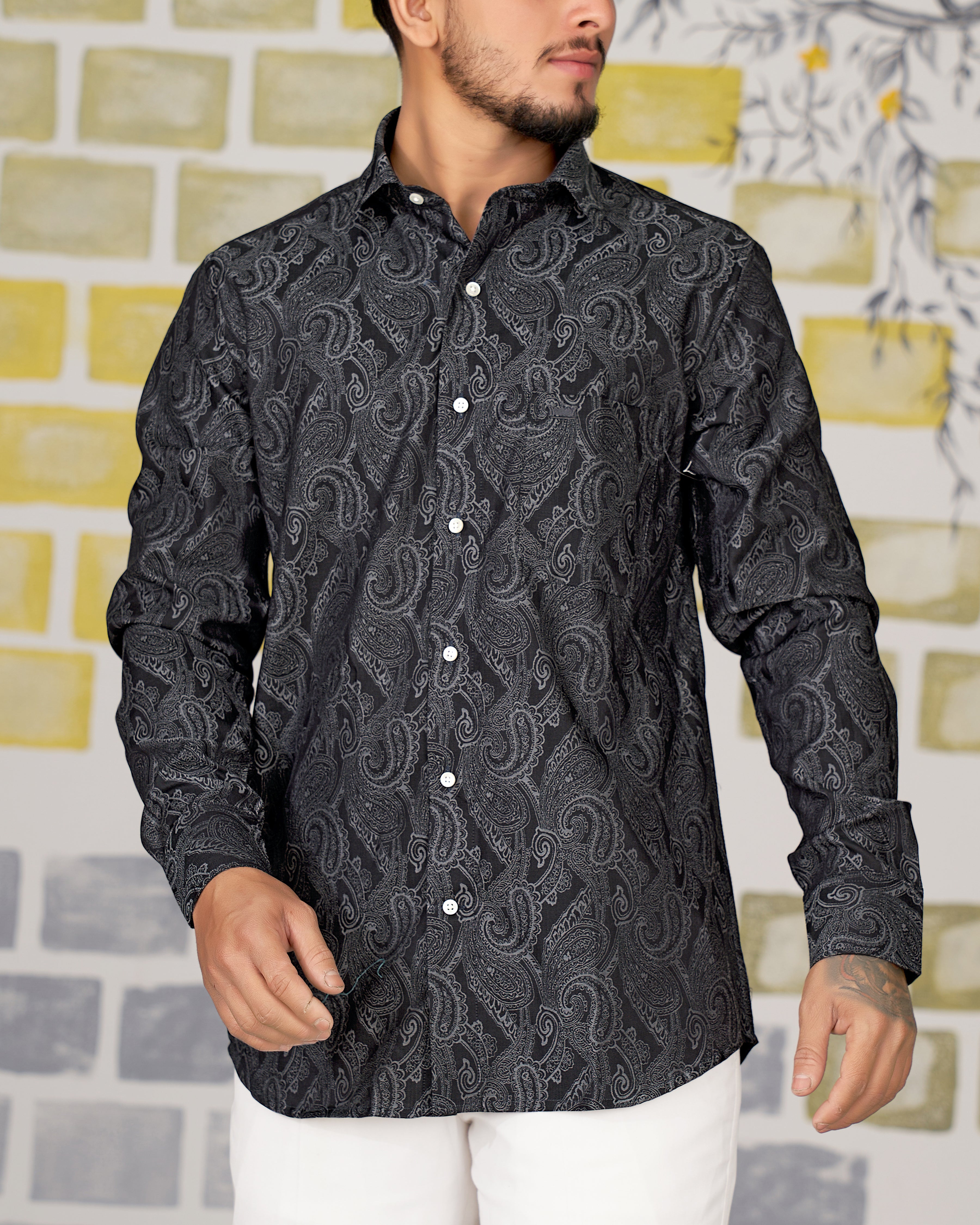 Dune with Topaz Gray Paisley Jacquard Textured Premium Giza Cotton Shirt