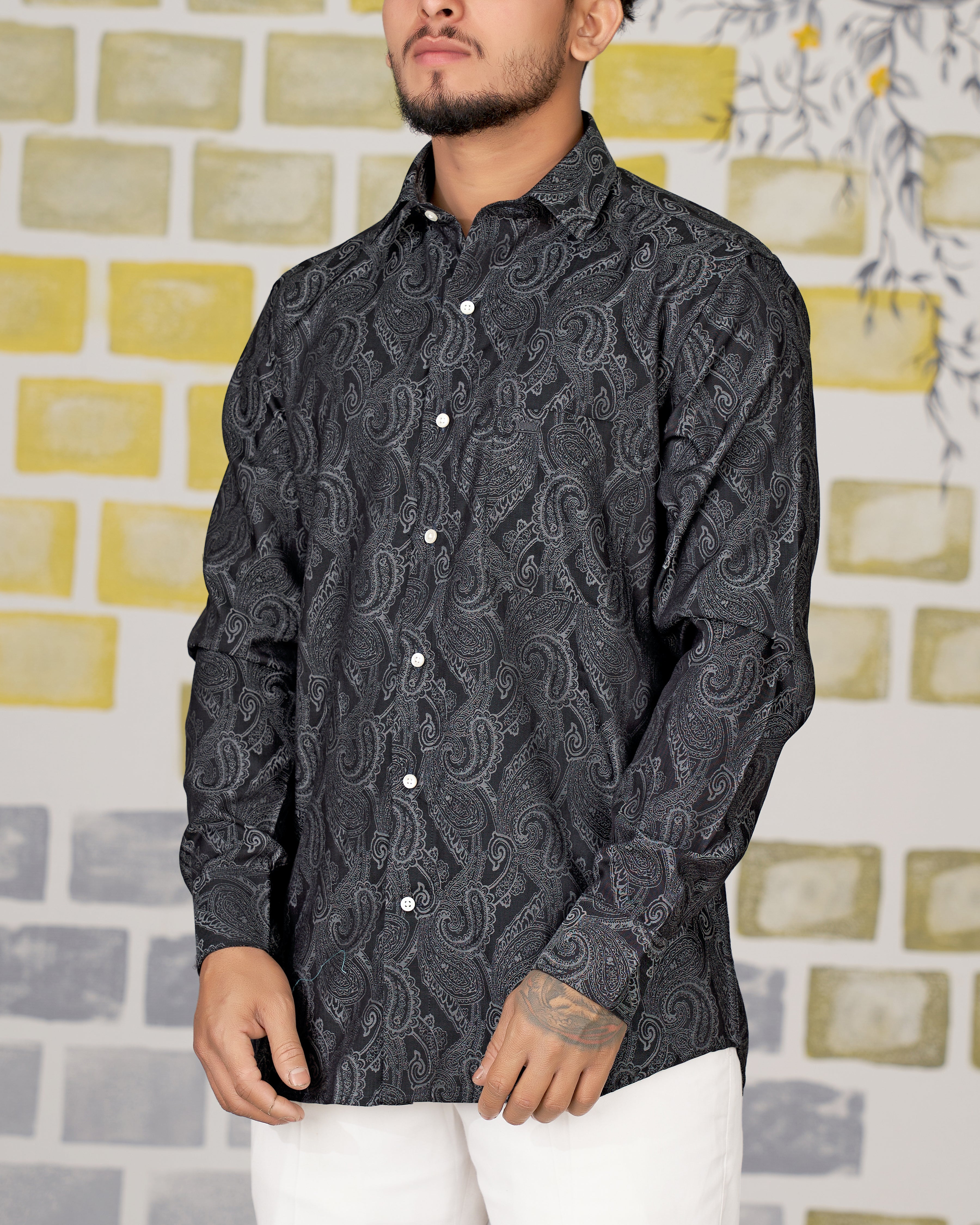 Dune with Topaz Gray Paisley Jacquard Textured Premium Giza Cotton Shirt