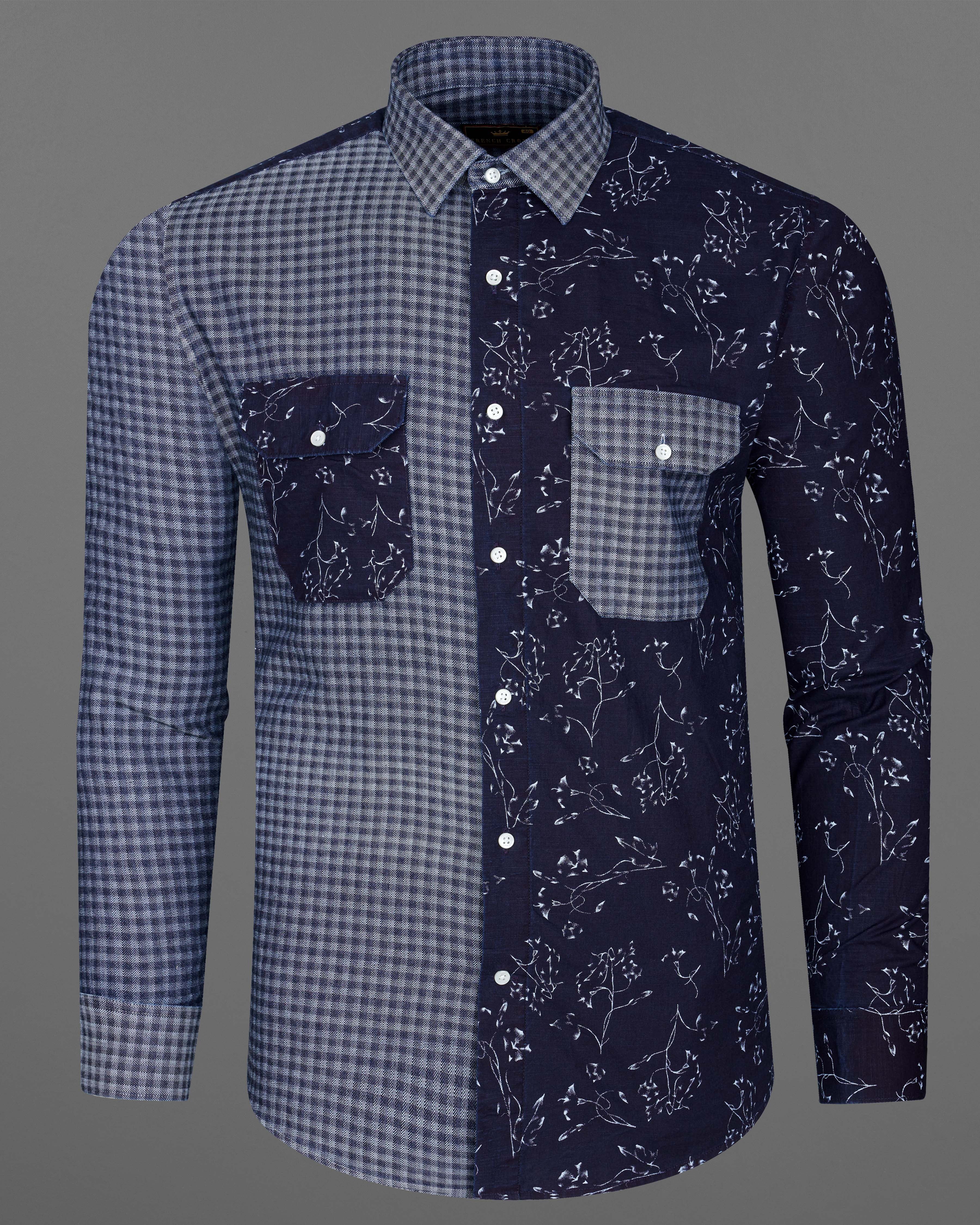 Cedar Blue with Storm Gray Gingham Printed Herringbone Designer Shirt  8704-P170-38,8704-P170-H-38,8704-P170-39,8704-P170-H-39,8704-P170-40,8704-P170-H-40,8704-P170-42,8704-P170-H-42,8704-P170-44,8704-P170-H-44,8704-P170-46,8704-P170-H-46,8704-P170-48,8704-P170-H-48,8704-P170-50,8704-P170-H-50,8704-P170-52,8704-P170-H-52