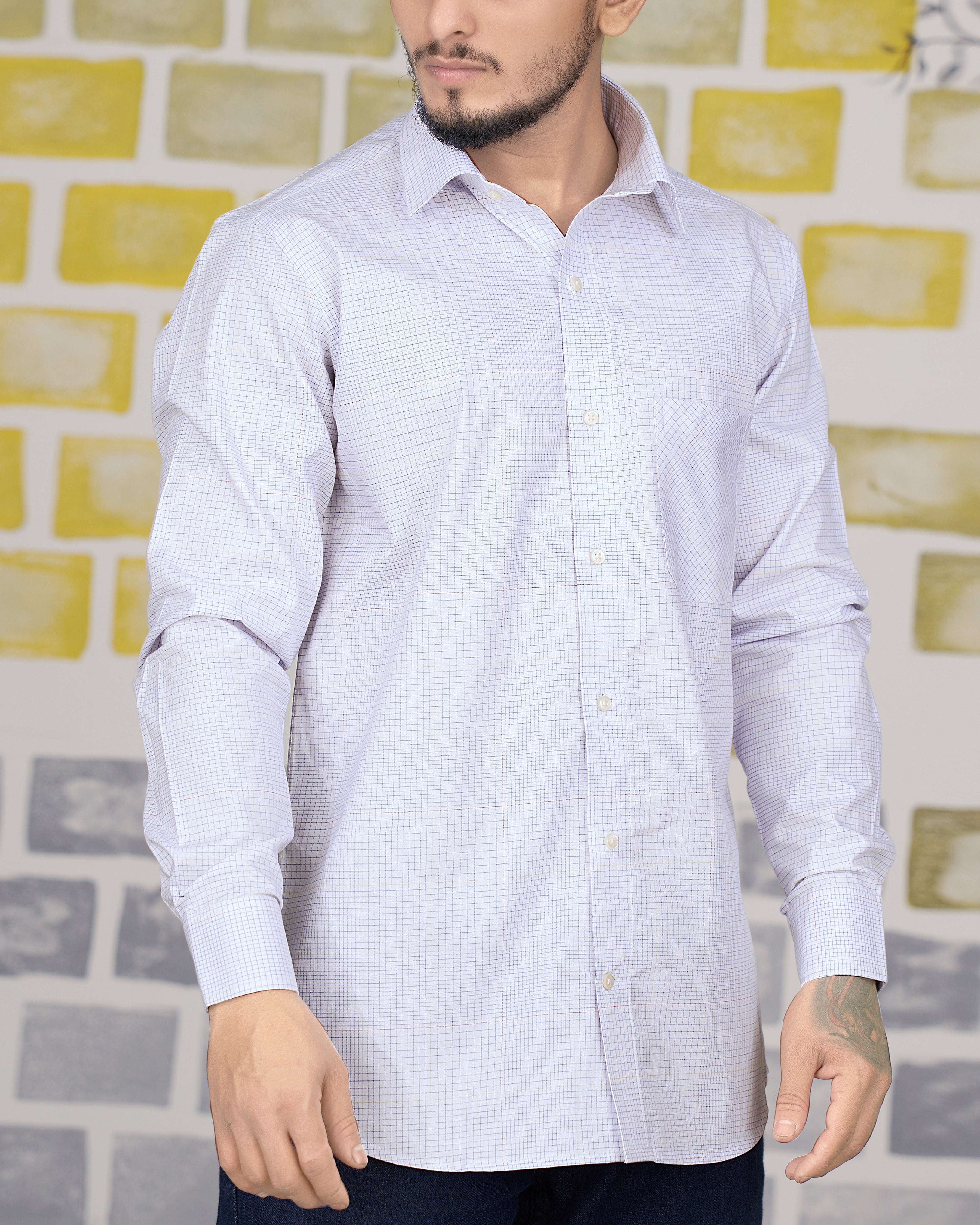 Bright White Twill Checkered Premium Cotton Shirt