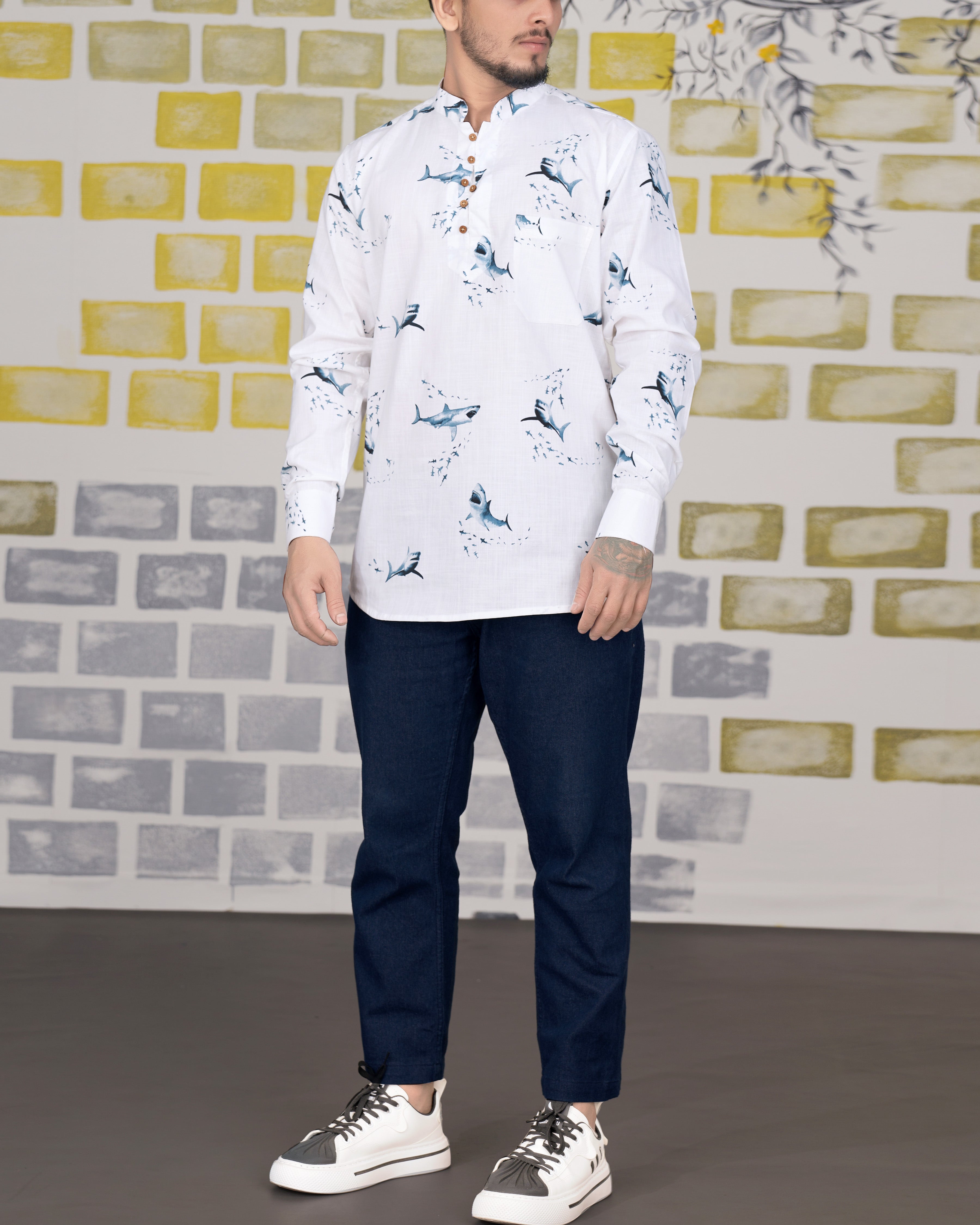 Bright White Shark Printed Luxurious Linen Kurta Shirt