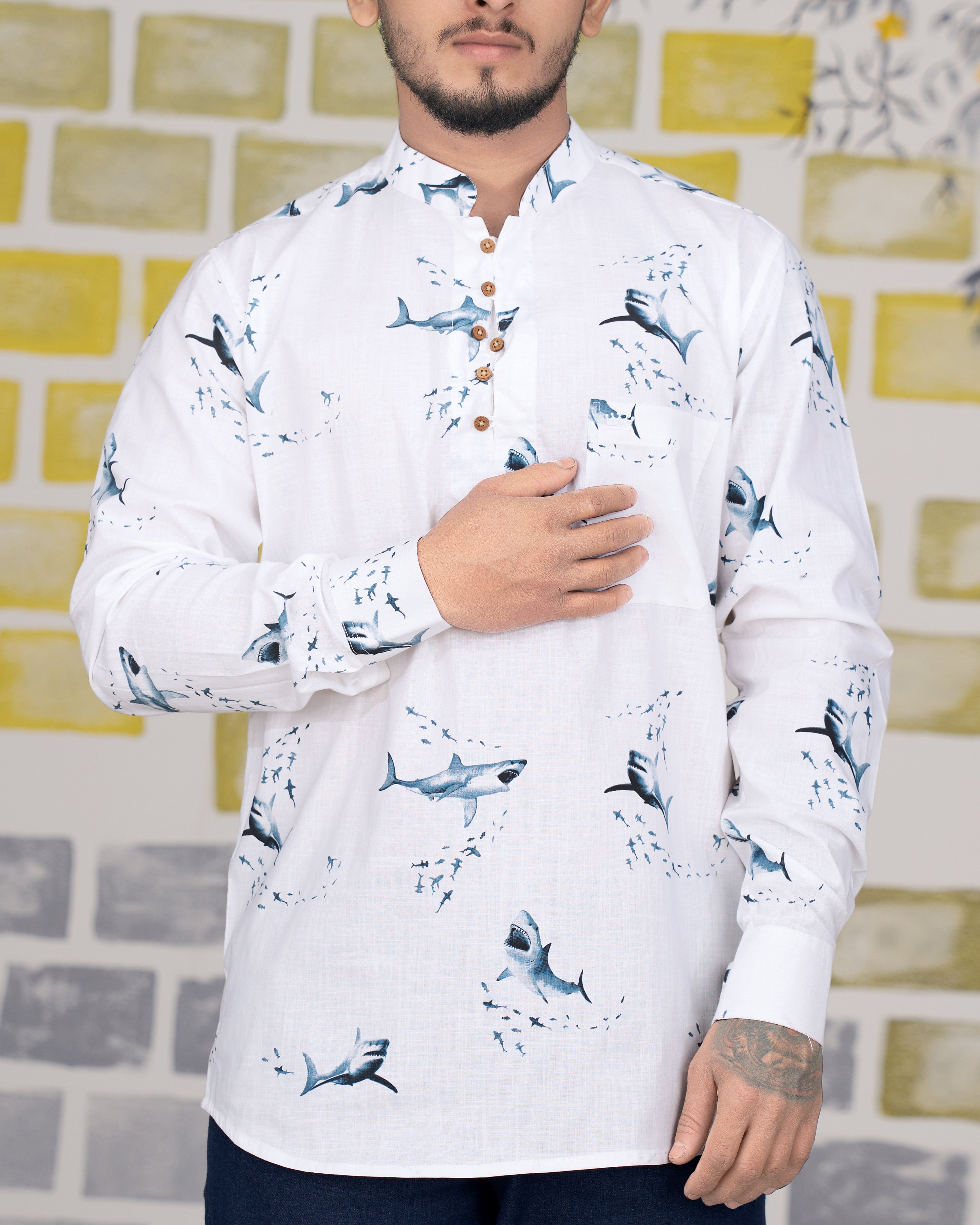 Bright White Shark Printed Luxurious Linen Kurta Shirt