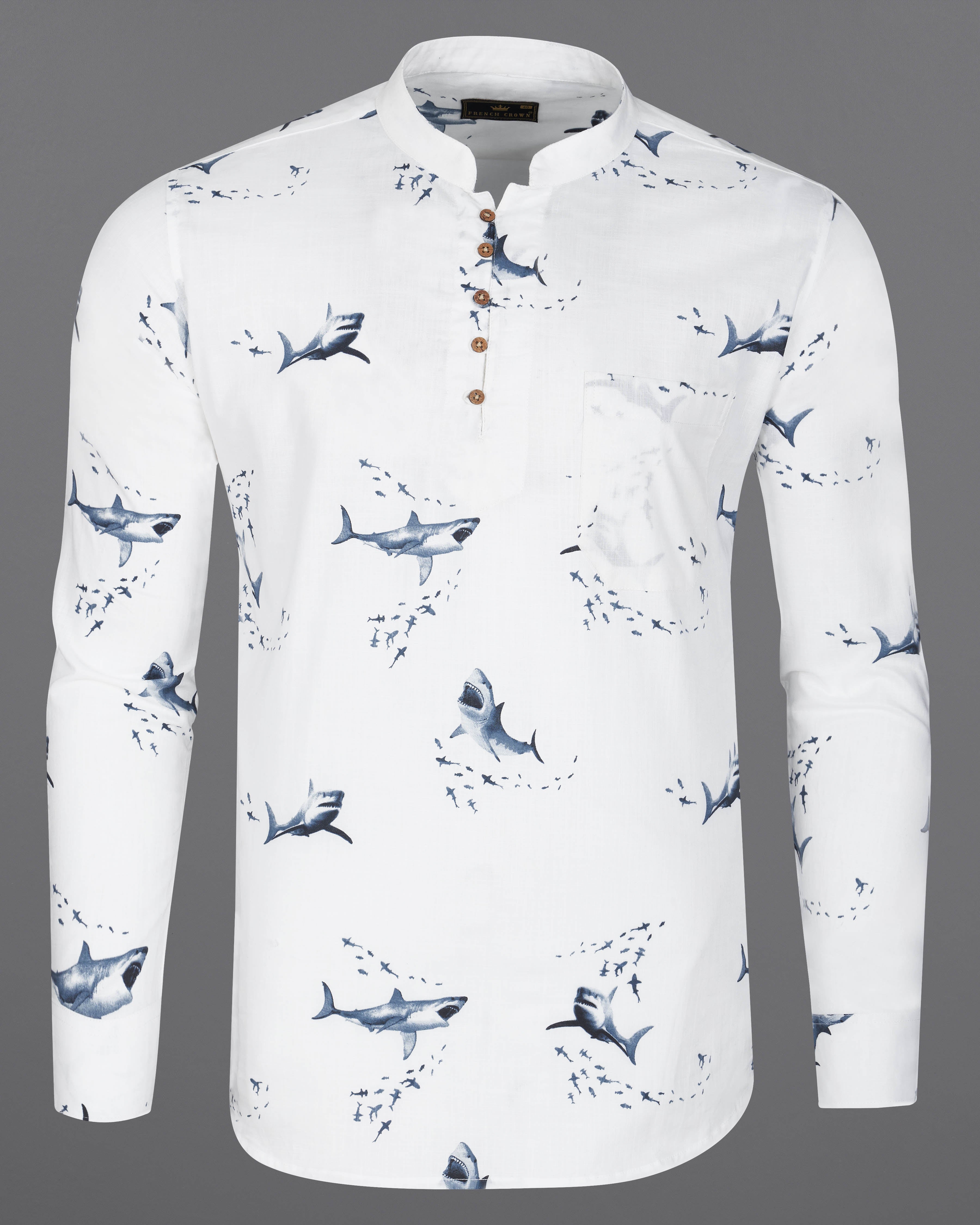 Bright White Shark Printed Luxurious Linen Kurta Shirt  8727-KS-38,8727-KS-H-38,8727-KS-39,8727-KS-H-39,8727-KS-40,8727-KS-H-40,8727-KS-42,8727-KS-H-42,8727-KS-44,8727-KS-H-44,8727-KS-46,8727-KS-H-46,8727-KS-48,8727-KS-H-48,8727-KS-50,8727-KS-H-50,8727-KS-52,8727-KS-H-52