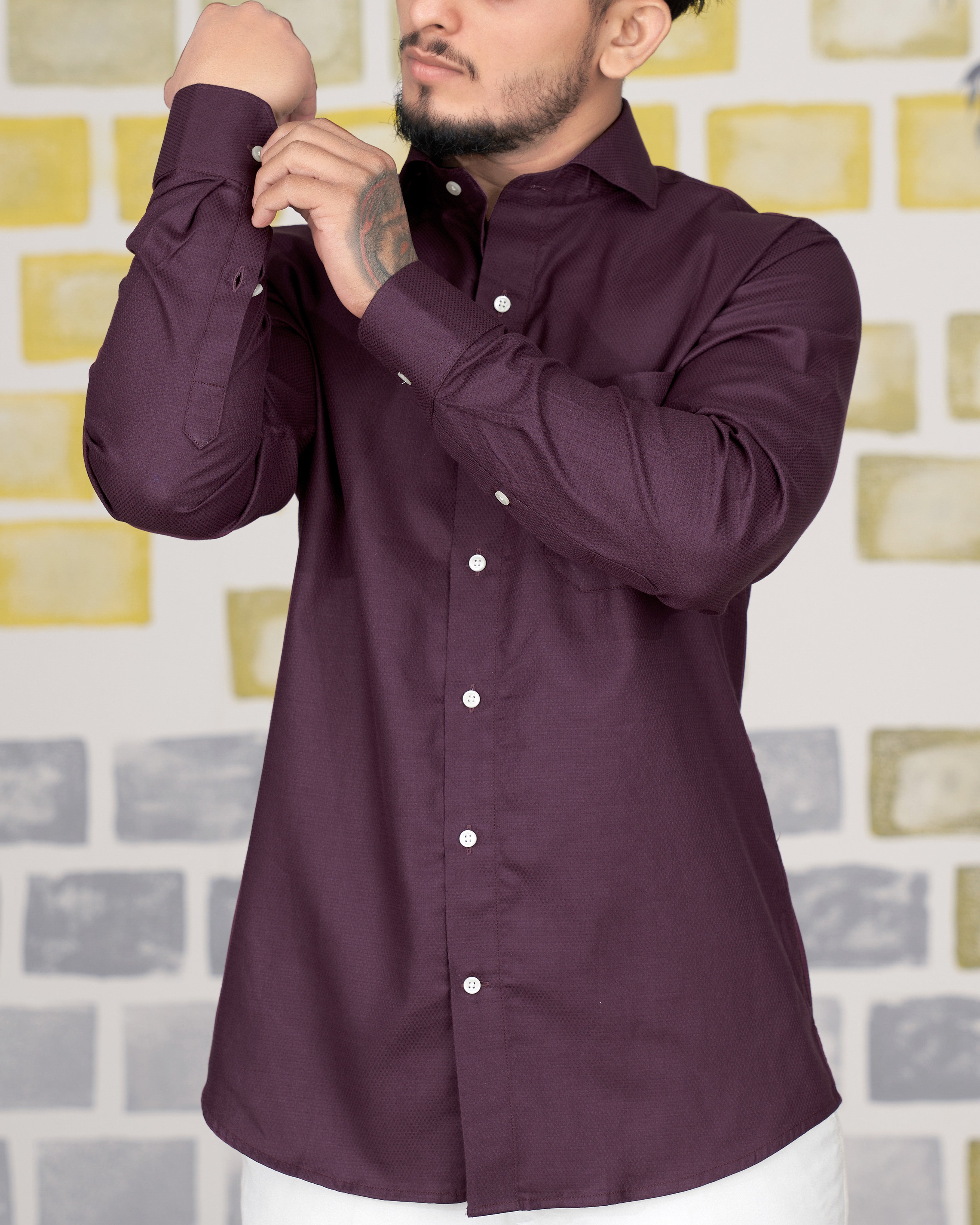 Thunder Maroon Dobby Textured Premium Giza Cotton Shirt