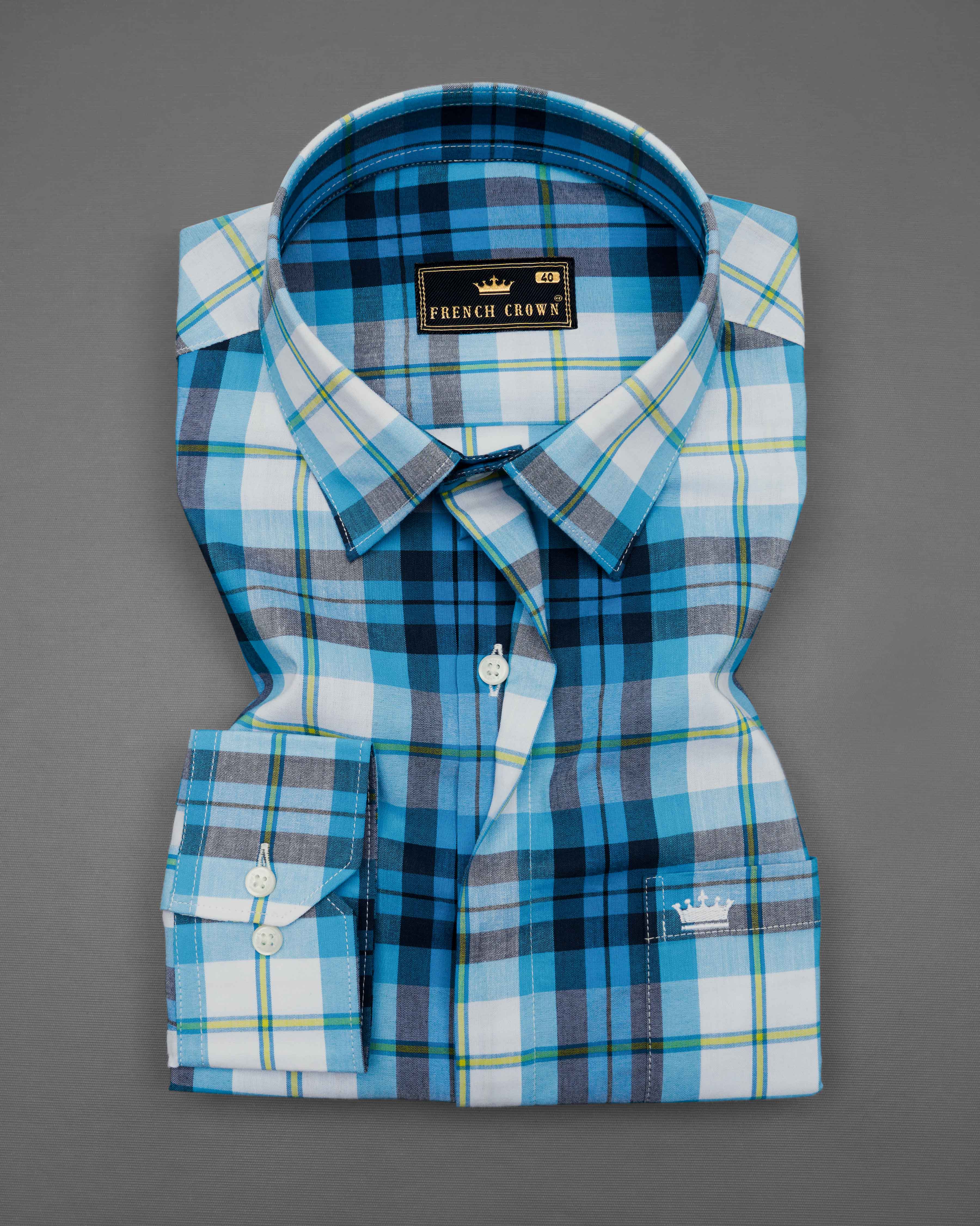 Cerulean Blue with White and Mirage Black Plaid Premium Cotton Designer Shirt  8732-P71-38,8732-P71-H-38,8732-P71-39,8732-P71-H-39,8732-P71-40,8732-P71-H-40,8732-P71-42,8732-P71-H-42,8732-P71-44,8732-P71-H-44,8732-P71-46,8732-P71-H-46,8732-P71-48,8732-P71-H-48,8732-P71-50,8732-P71-H-50,8732-P71-52,8732-P71-H-52