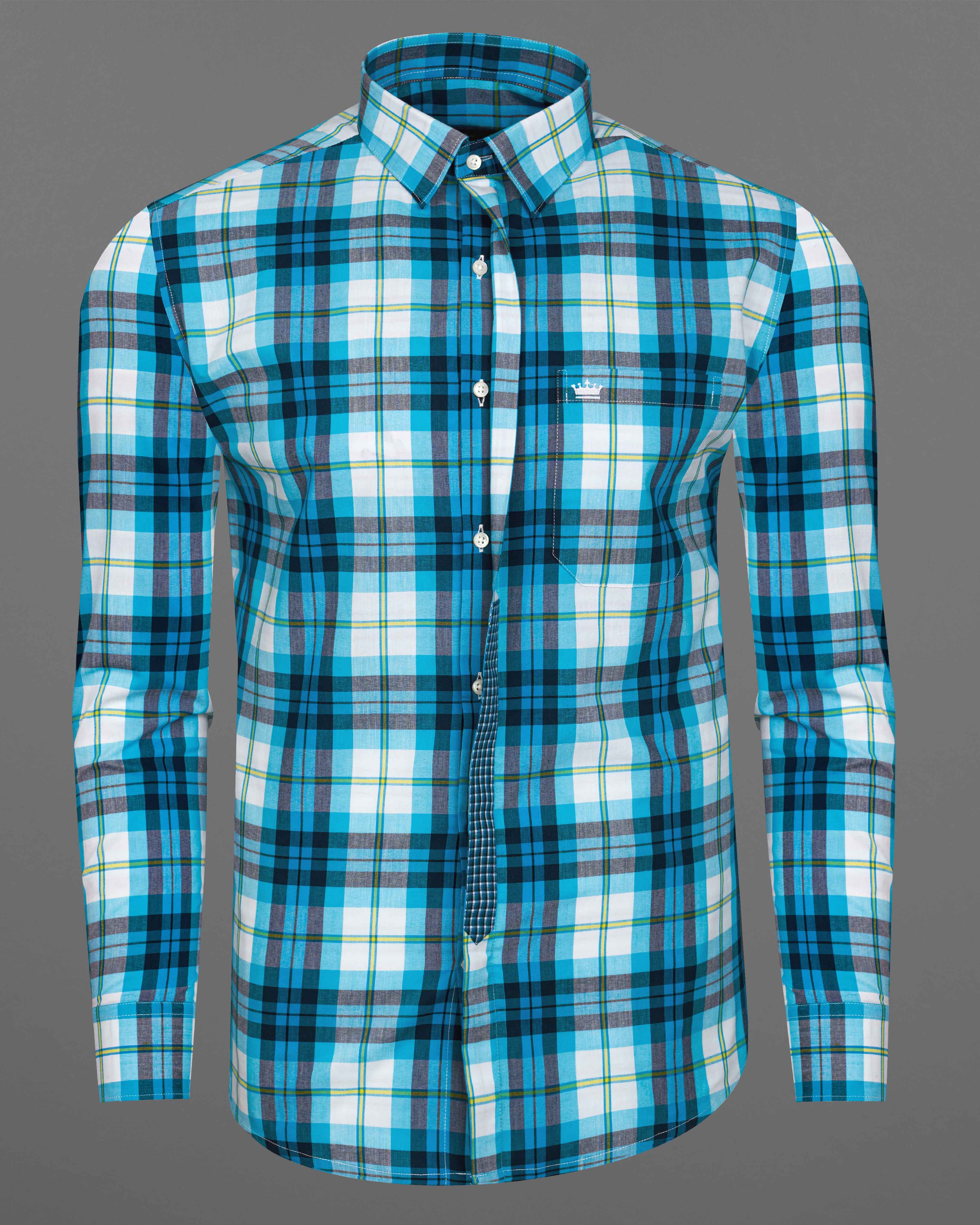 Cerulean Blue with White and Mirage Black Plaid Premium Cotton Designer Shirt  8732-P71-38,8732-P71-H-38,8732-P71-39,8732-P71-H-39,8732-P71-40,8732-P71-H-40,8732-P71-42,8732-P71-H-42,8732-P71-44,8732-P71-H-44,8732-P71-46,8732-P71-H-46,8732-P71-48,8732-P71-H-48,8732-P71-50,8732-P71-H-50,8732-P71-52,8732-P71-H-52