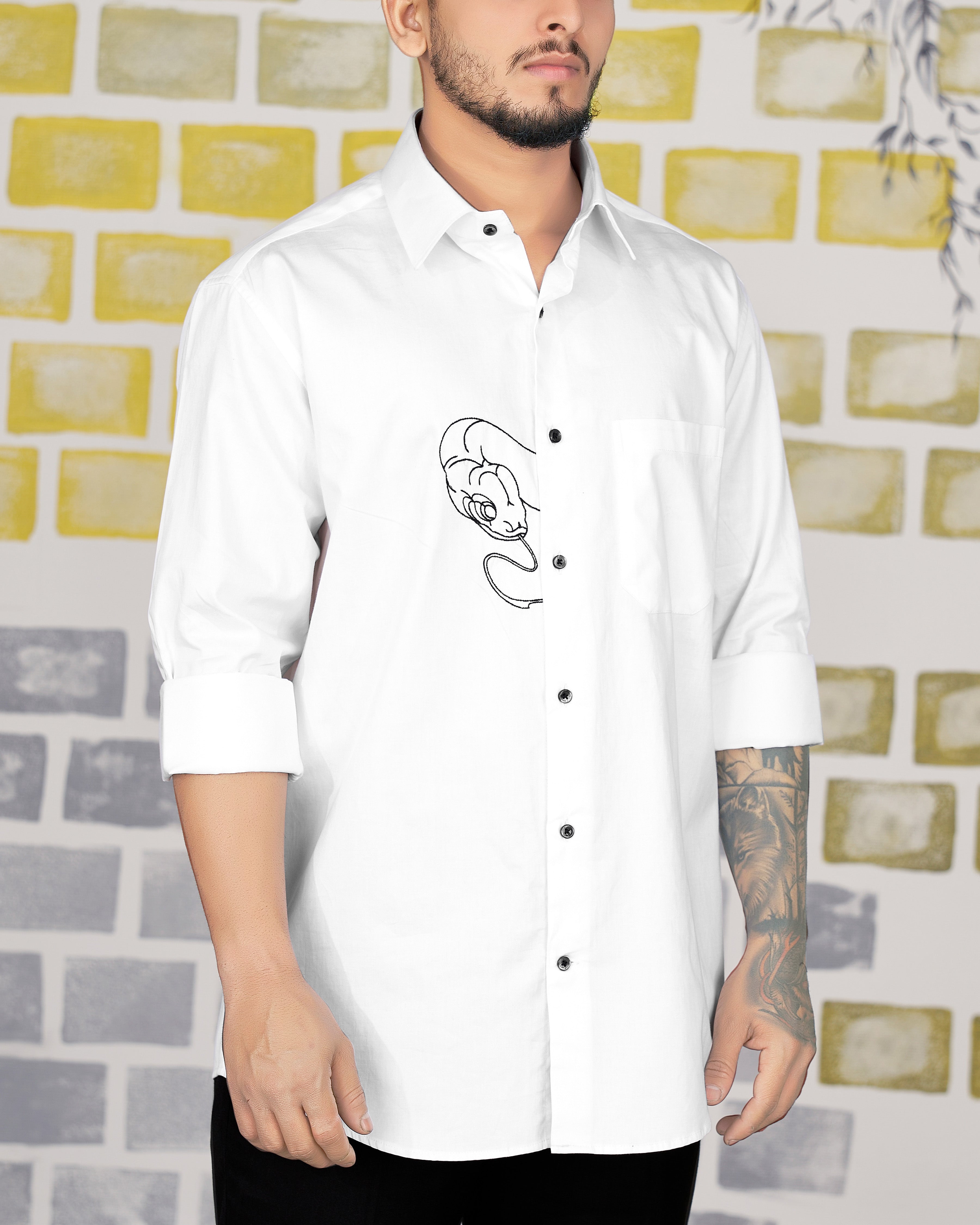 Bright White Subtle Sheen Snake Embroidered Super Soft Premium Cotton Designer Shirt 8735-BLK-E012-38, 8735-BLK-E012-H-38, 8735-BLK-E012-39, 8735-BLK-E012-H-39, 8735-BLK-E012-40, 8735-BLK-E012-H-40, 8735-BLK-E012-42, 8735-BLK-E012-H-42, 8735-BLK-E012-44, 8735-BLK-E012-H-44, 8735-BLK-E012-46, 8735-BLK-E012-H-46, 8735-BLK-E012-48, 8735-BLK-E012-H-48, 8735-BLK-E012-50, 8735-BLK-E012-H-50, 8735-BLK-E012-52, 8735-BLK-E012-H-52