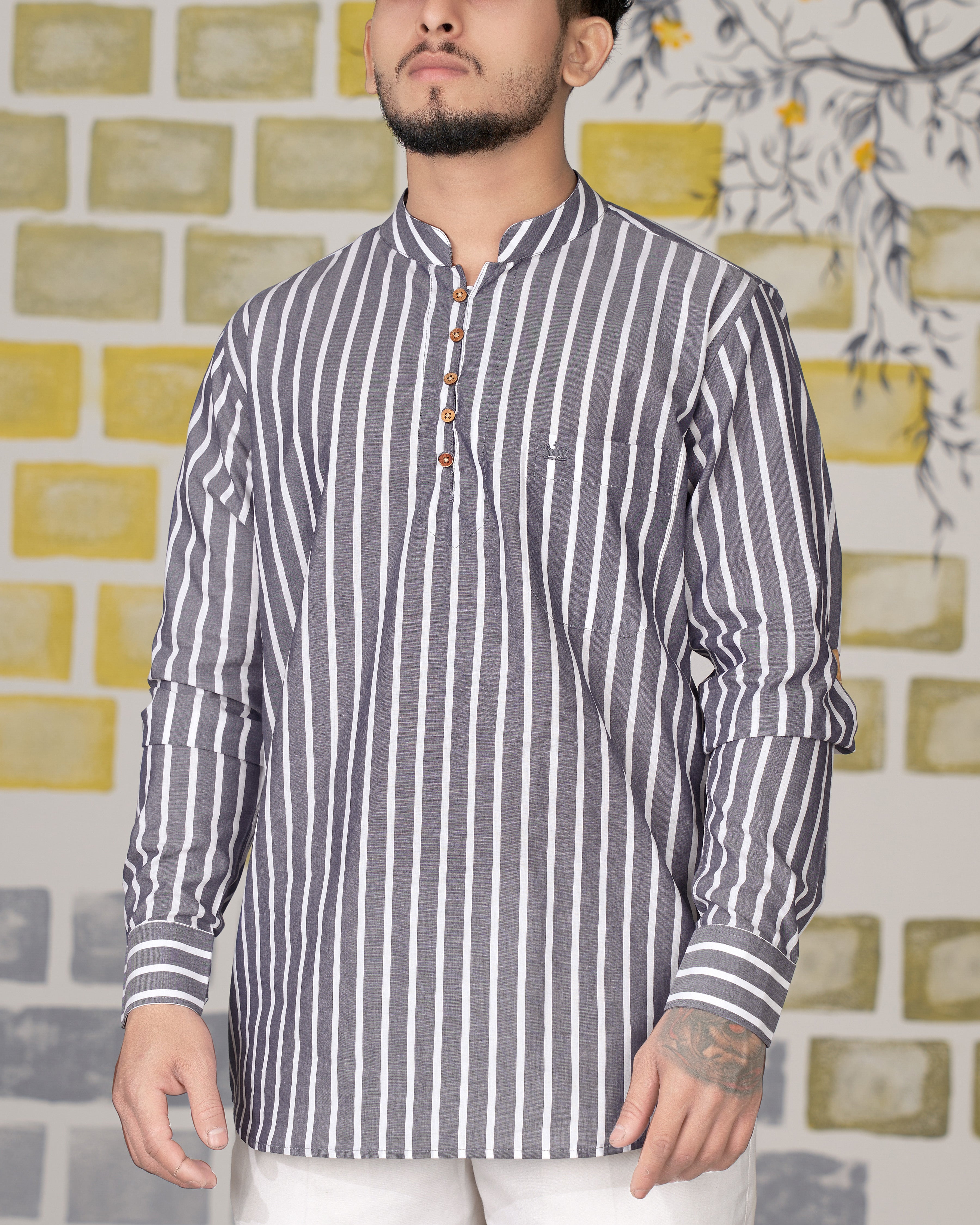 Cloudy Gray Striped Premium Cotton Kurta Shirt