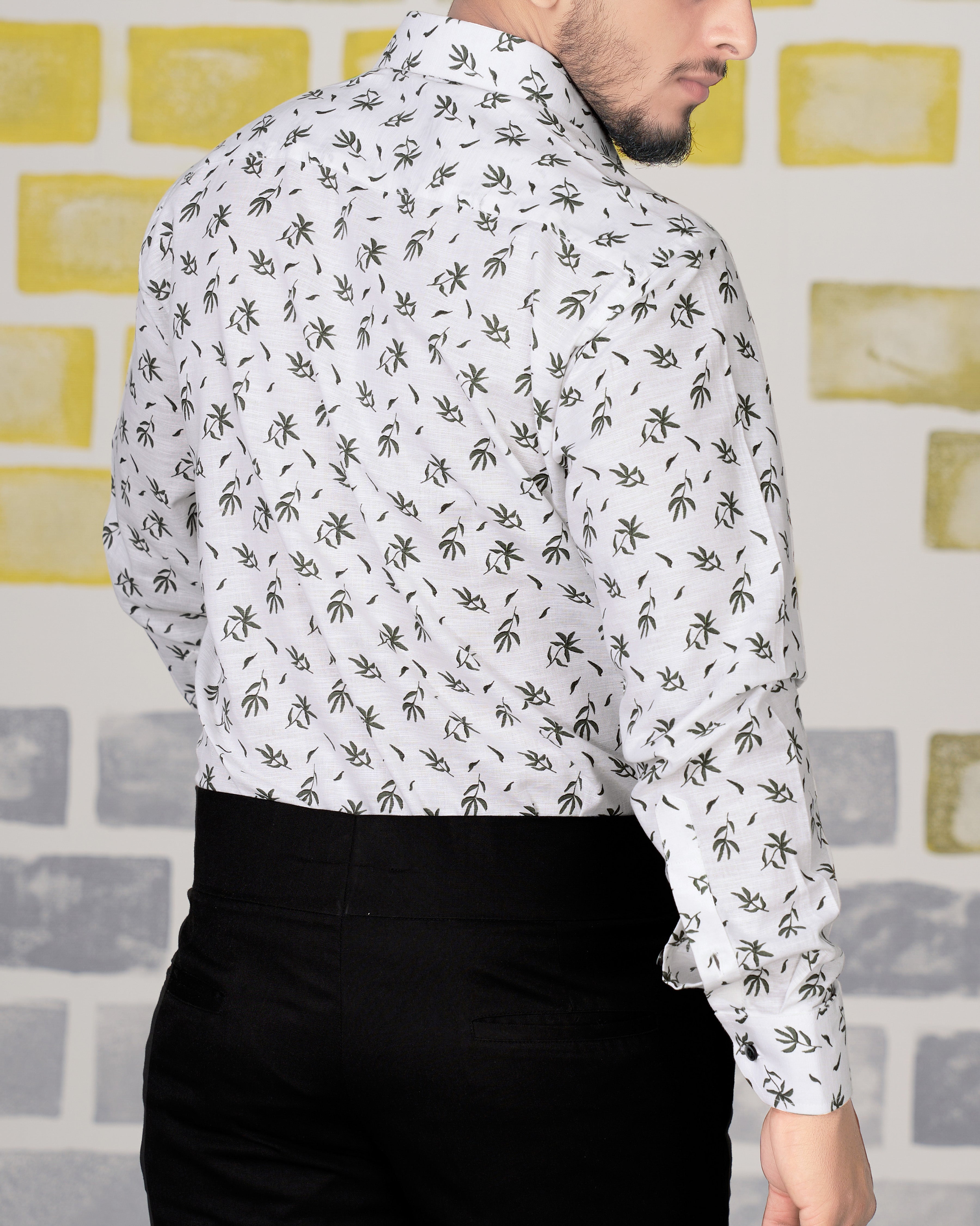Bright White with Leaves Printed Luxurious Linen Shirt