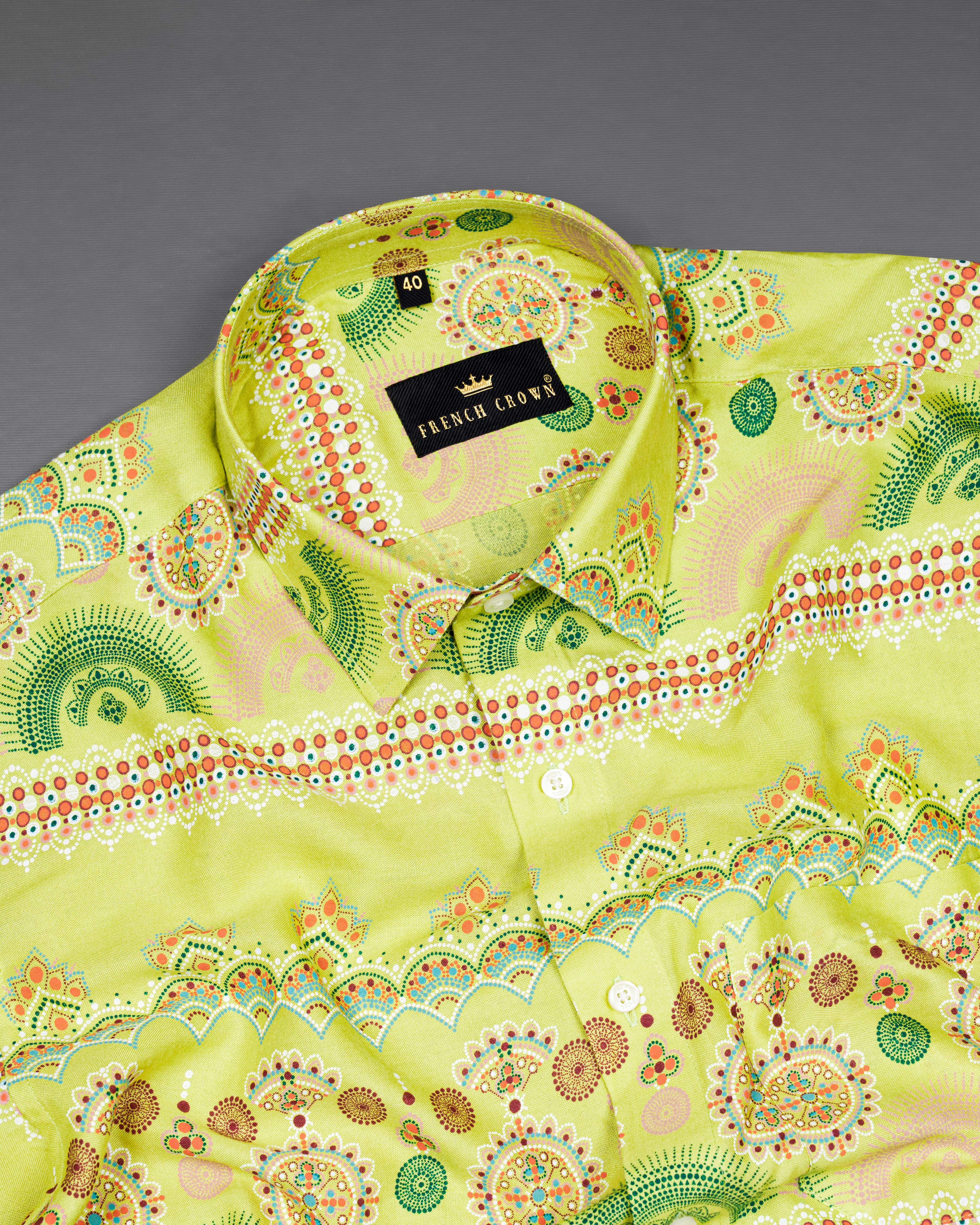 Arylide Green Bohemian Printed Premium Tencel Shirt  8741-38,8741-H-38,8741-39,8741-H-39,8741-40,8741-H-40,8741-42,8741-H-42,8741-44,8741-H-44,8741-46,8741-H-46,8741-48,8741-H-48,8741-50,8741-H-50,8741-52,8741-H-52