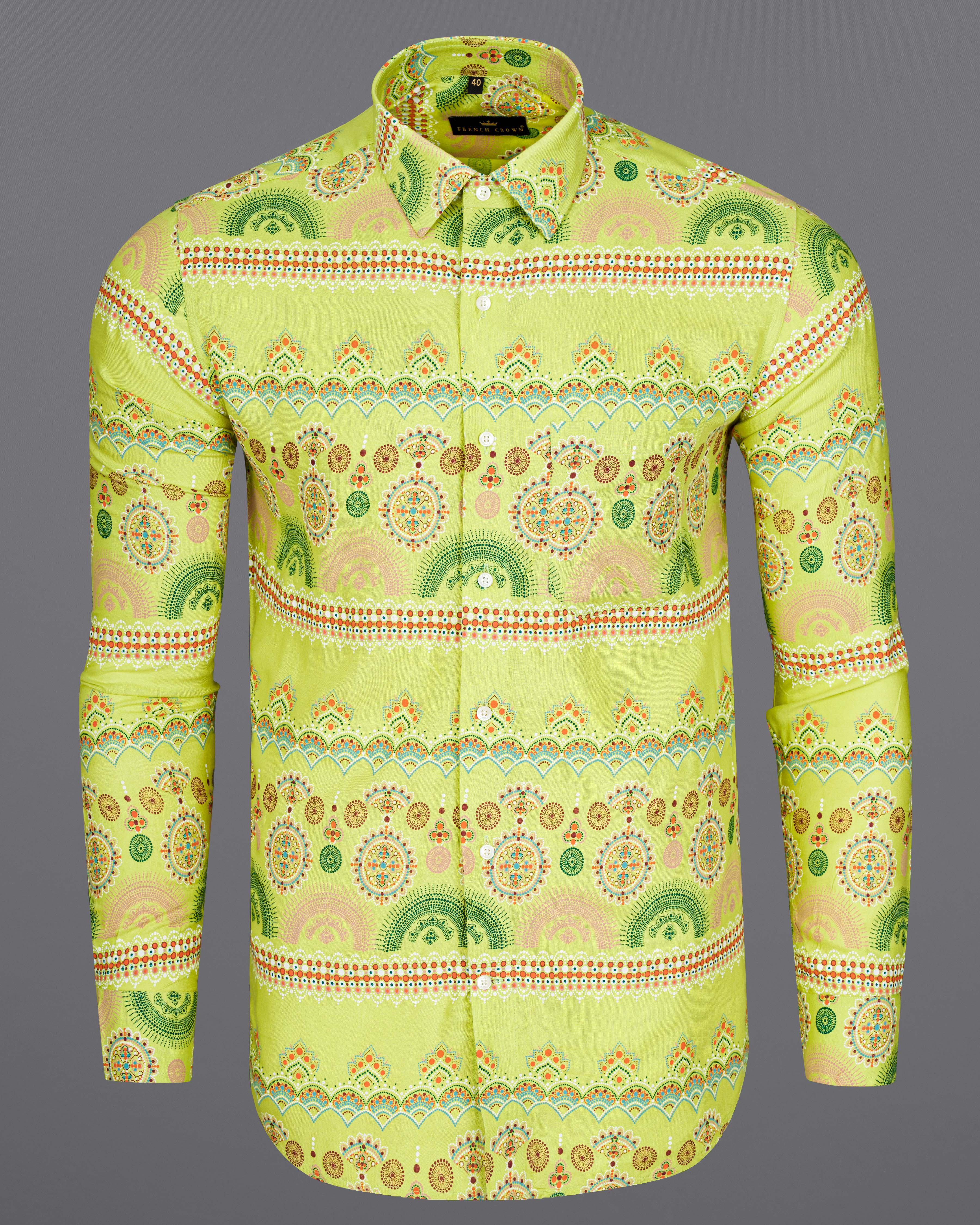 Arylide Green Bohemian Printed Premium Tencel Shirt  8741-38,8741-H-38,8741-39,8741-H-39,8741-40,8741-H-40,8741-42,8741-H-42,8741-44,8741-H-44,8741-46,8741-H-46,8741-48,8741-H-48,8741-50,8741-H-50,8741-52,8741-H-52