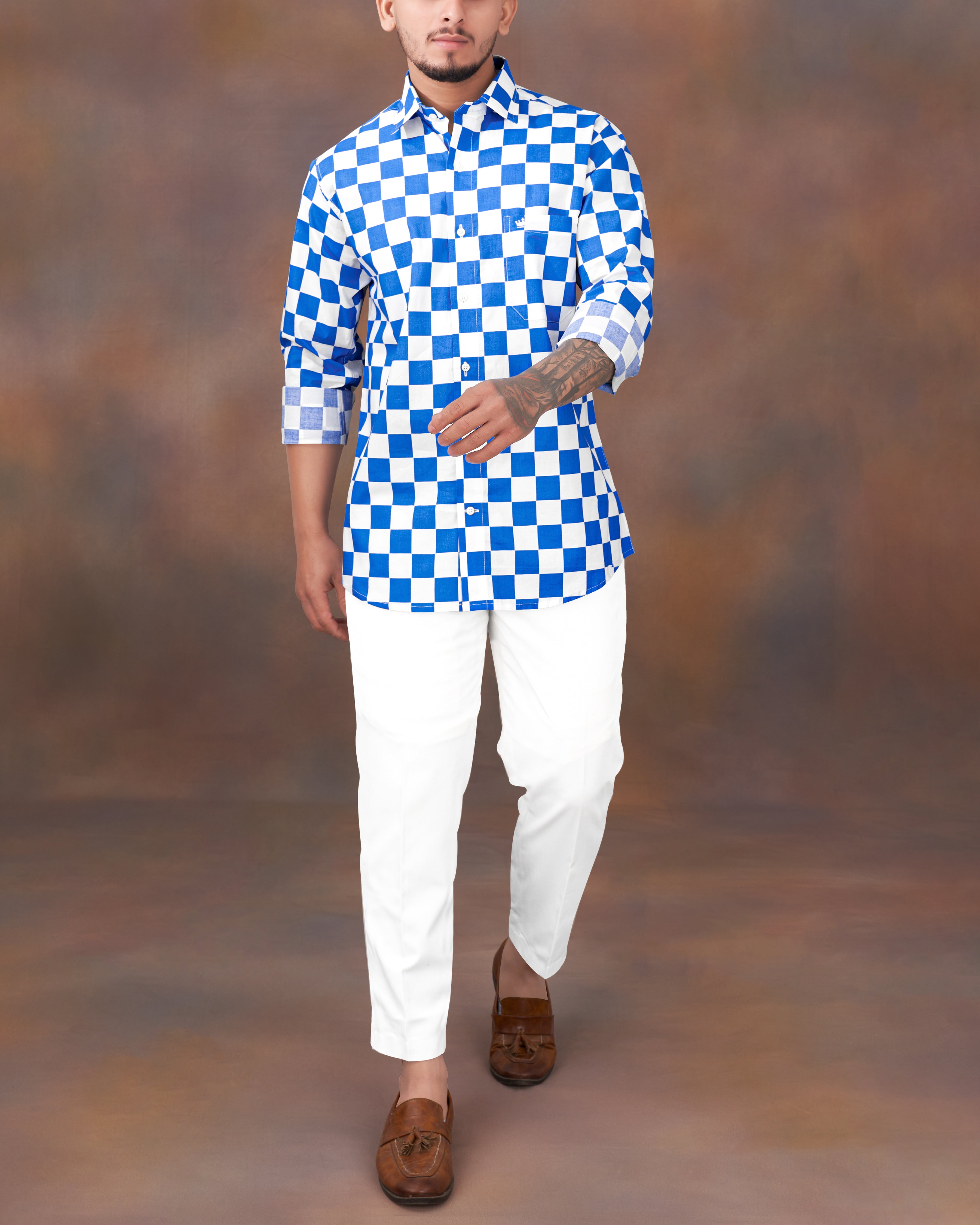 Sapphire Blue and White Checked Premium Cotton Shirt