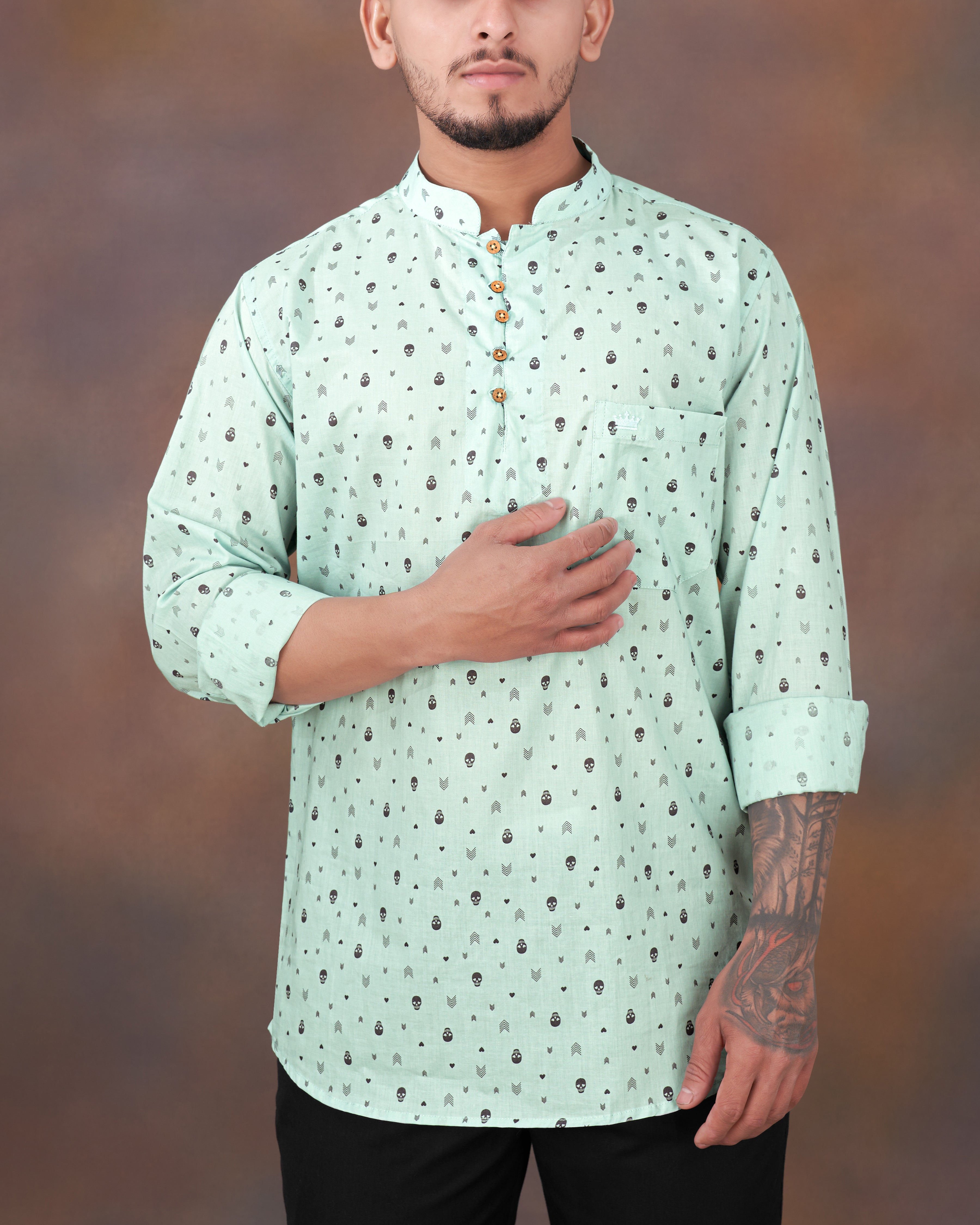 Sea Mist Green Skull and Arrow Printed Premium Cotton Kurta Shirt