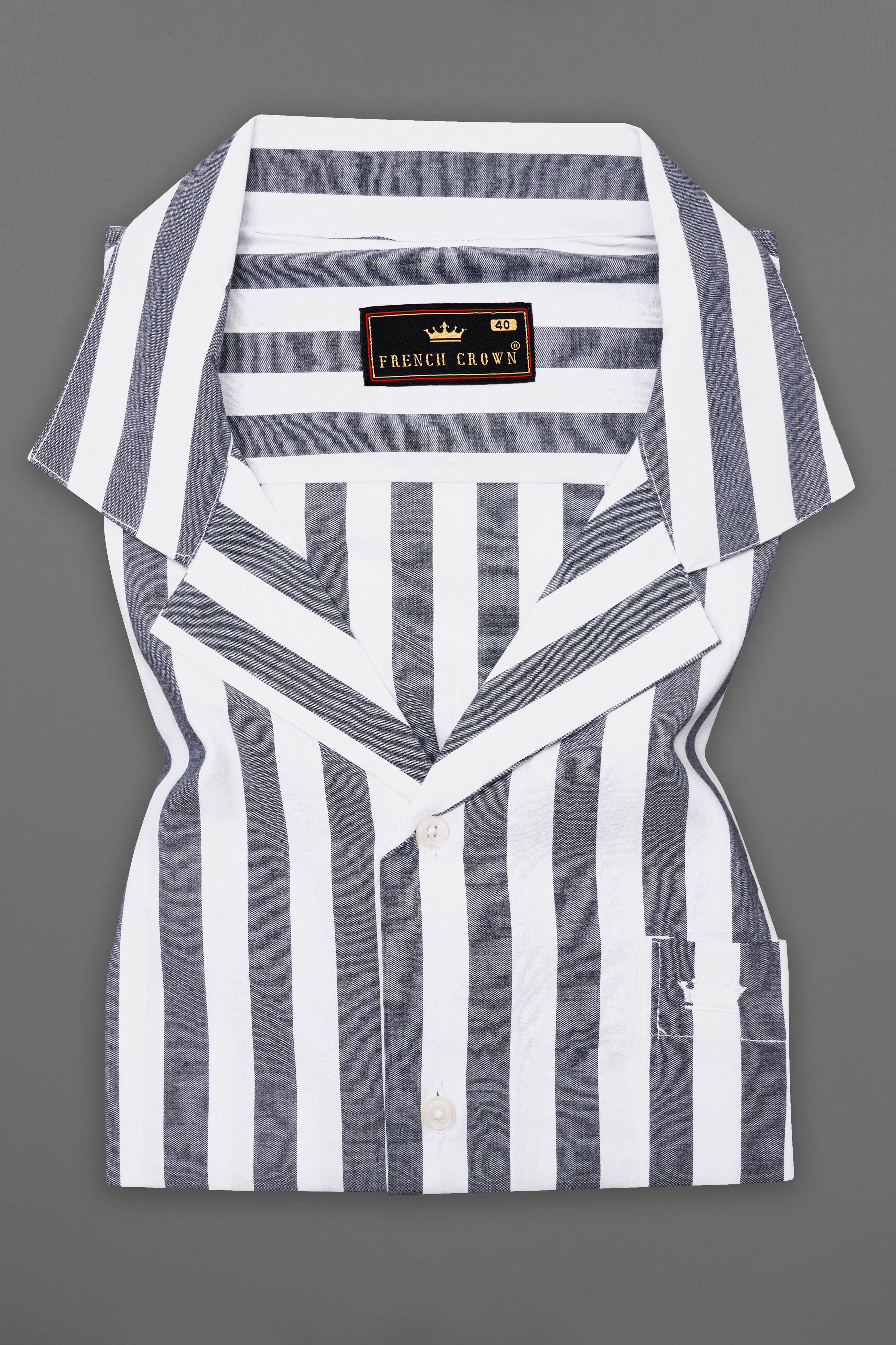 Bright White and Paynes Gray Striped with Spider Embroidered Patch Work Premium Cotton Designer Shirt