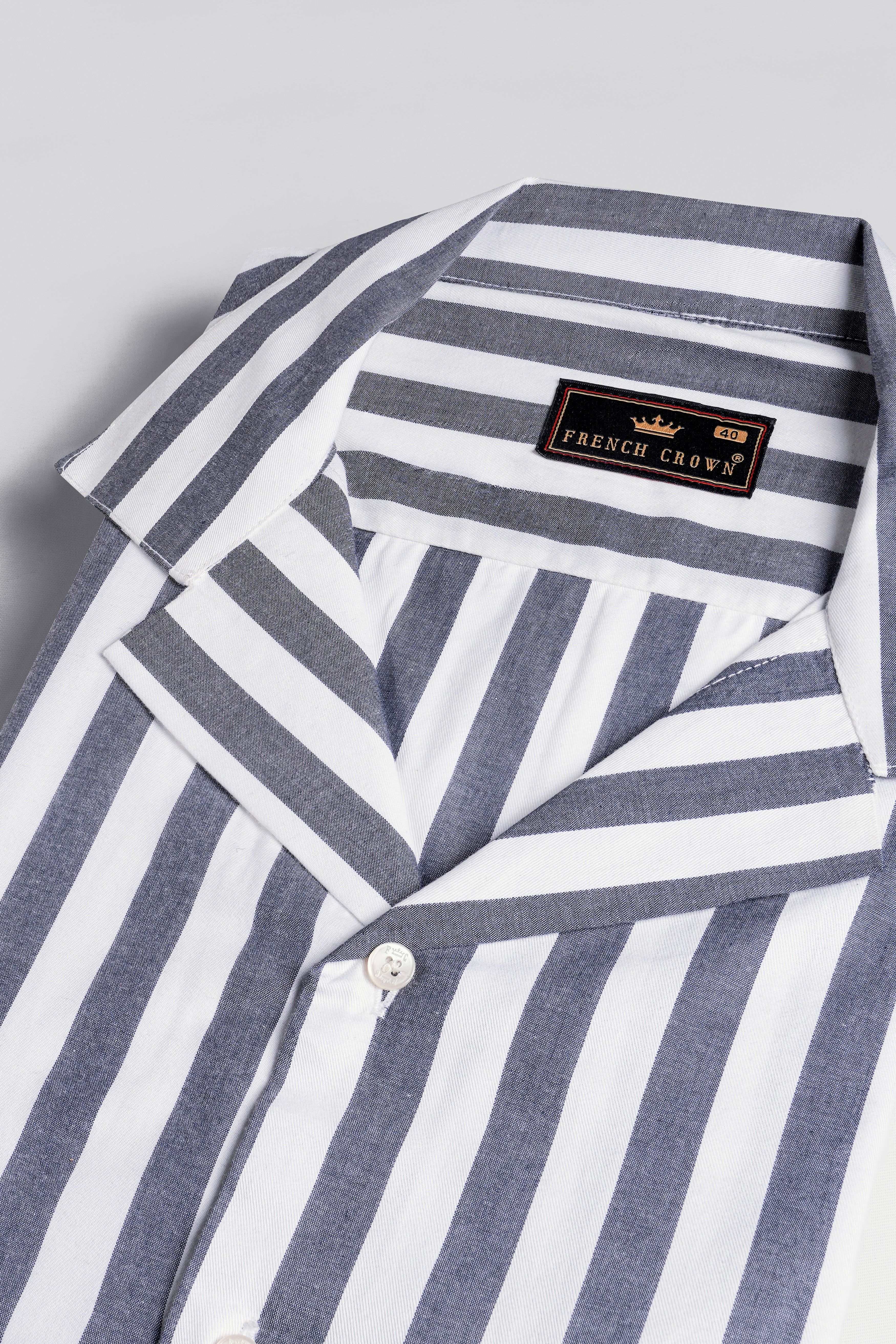 Bright White and Waterloo Gray Striped with Embroidered Patchwork Premium Cotton Designer Shirt