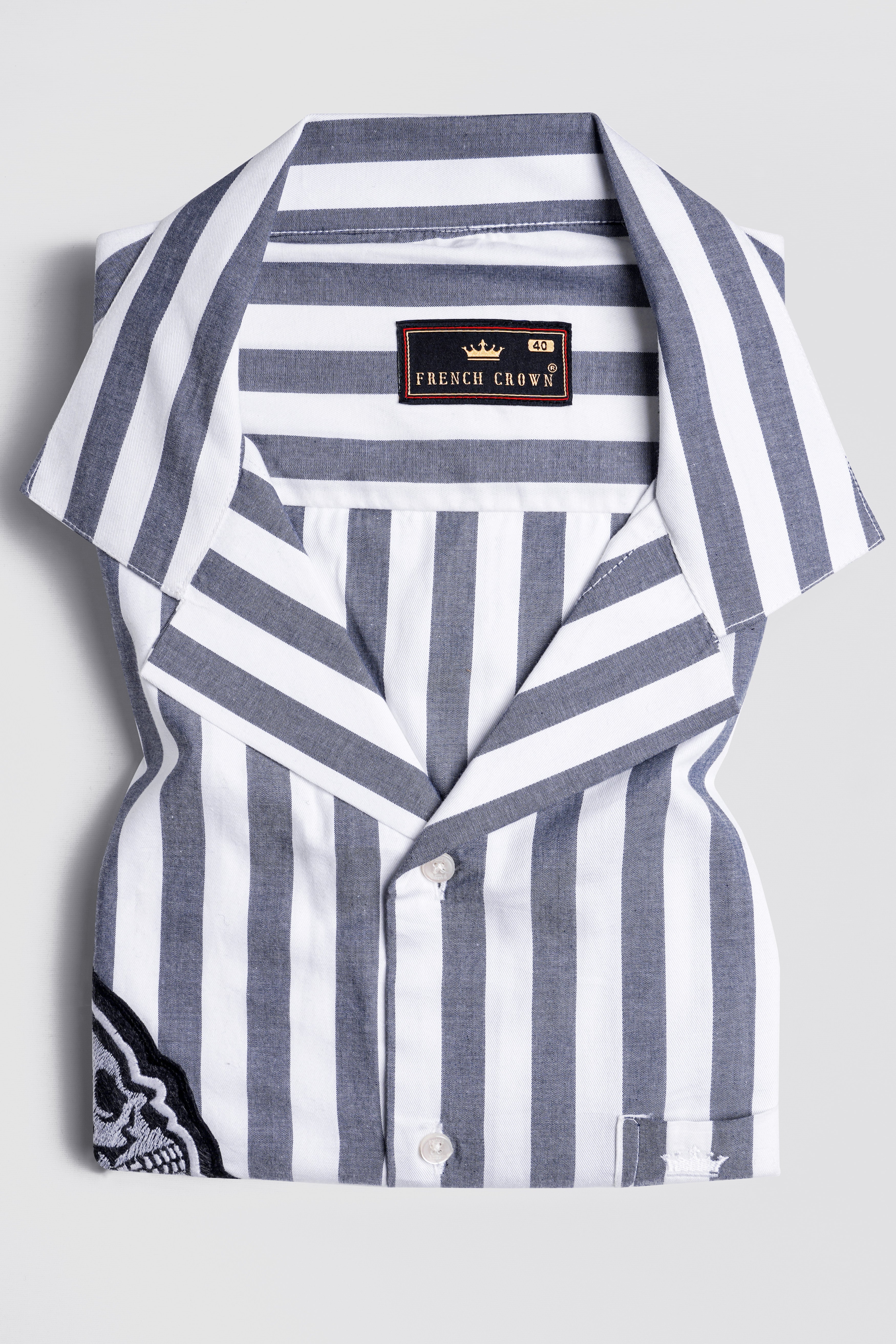 Bright White and Waterloo Gray Striped with Embroidered Patchwork Premium Cotton Designer Shirt