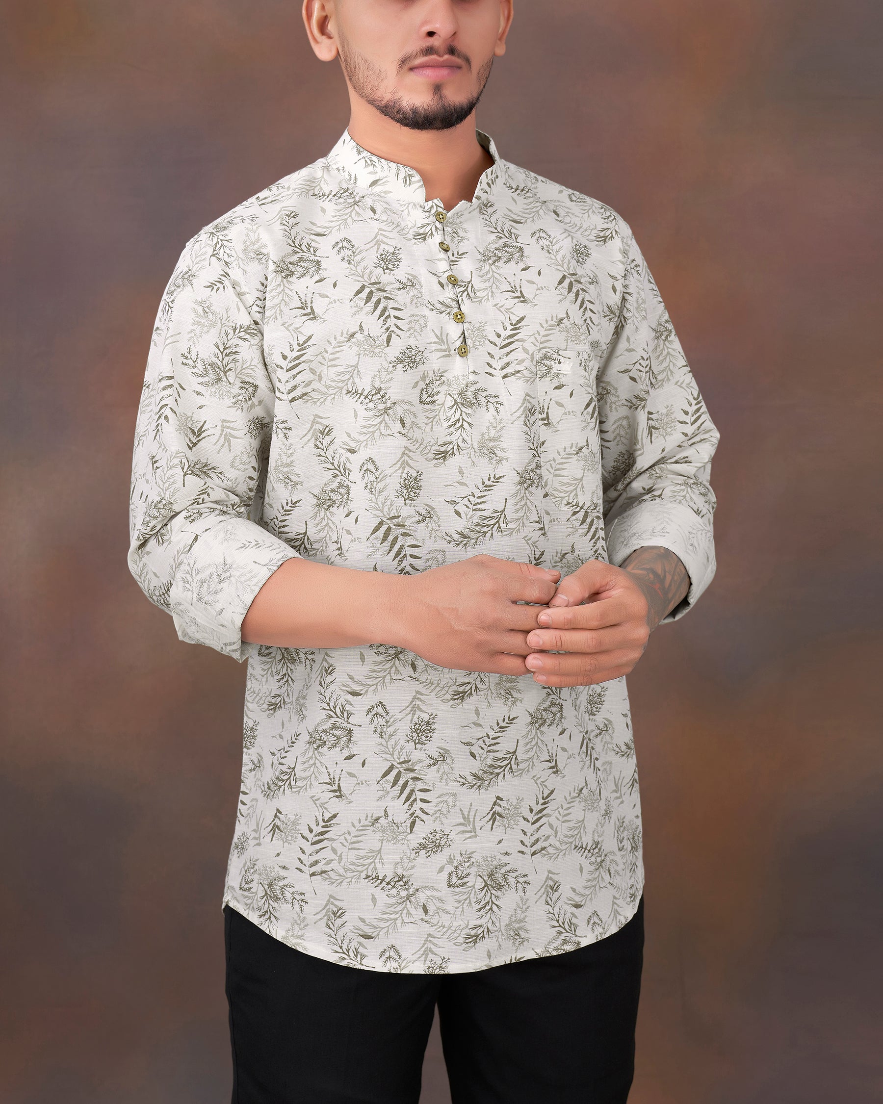Mercury White with Leaves Printed Luxurious Linen Shirt