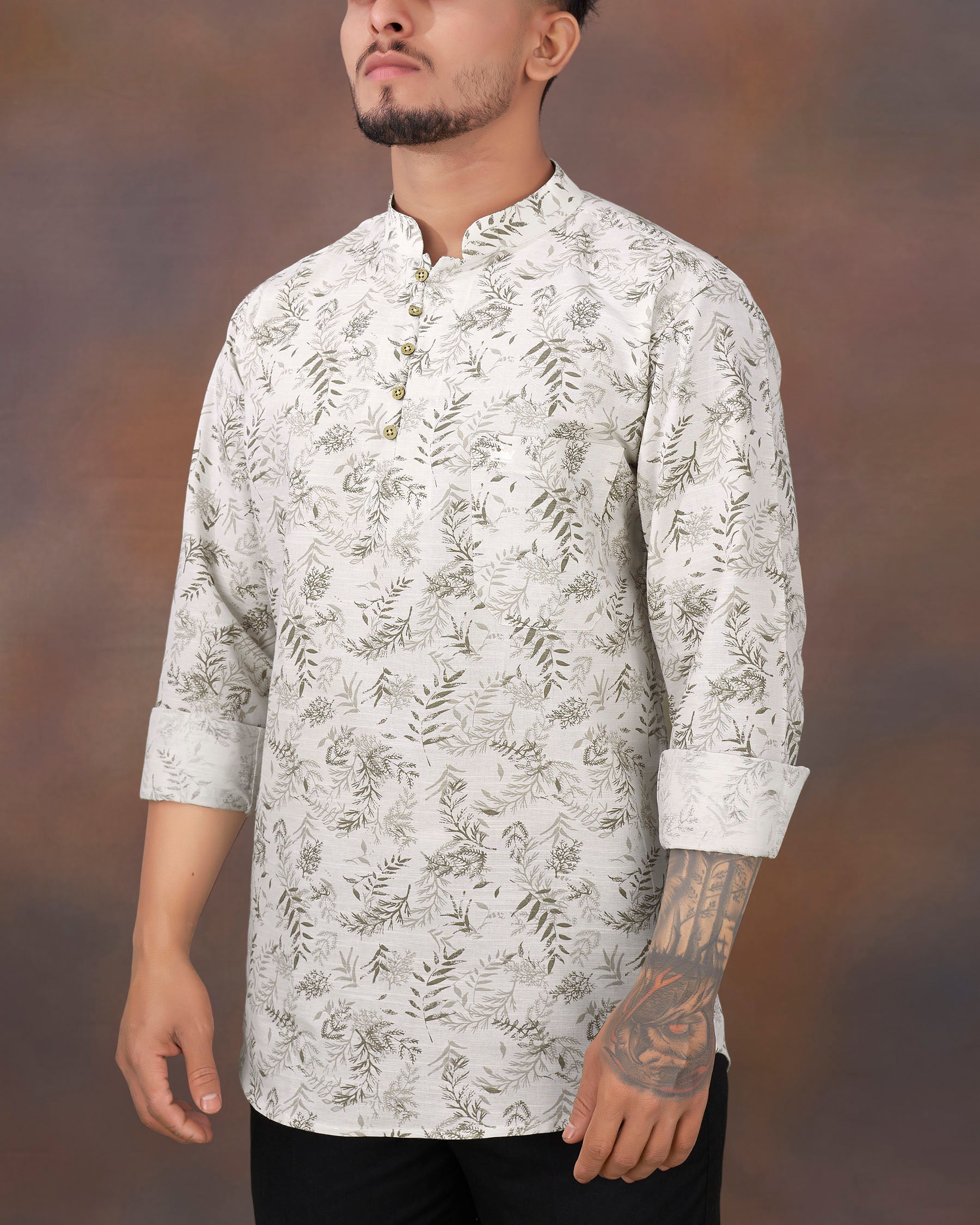 Mercury White with Leaves Printed Luxurious Linen Shirt