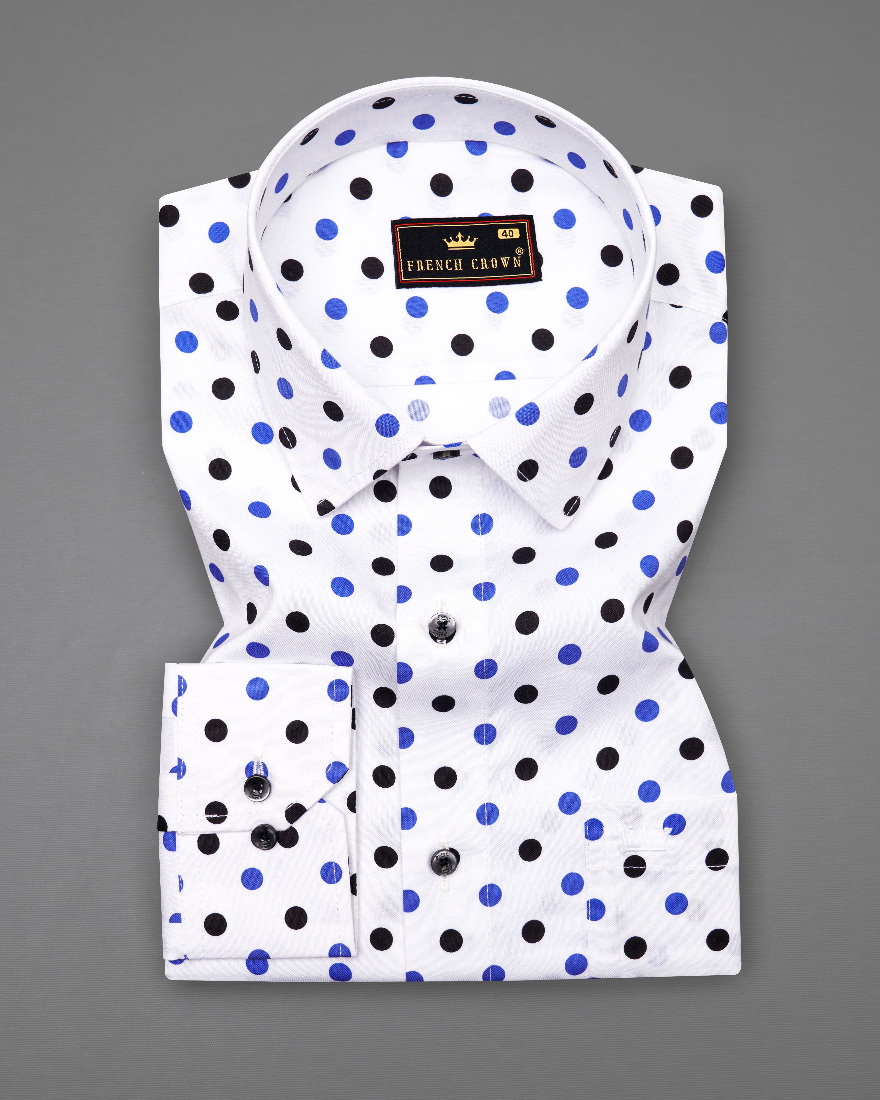 Bright White with Periwinkle Blue and Black Polka Dotted Royal Oxford Shirt  8796-BLK-38,8796-BLK-H-38,8796-BLK-39,8796-BLK-H-39,8796-BLK-40,8796-BLK-H-40,8796-BLK-42,8796-BLK-H-42,8796-BLK-44,8796-BLK-H-44,8796-BLK-46,8796-BLK-H-46,8796-BLK-48,8796-BLK-H-48,8796-BLK-50,8796-BLK-H-50,8796-BLK-52,8796-BLK-H-52