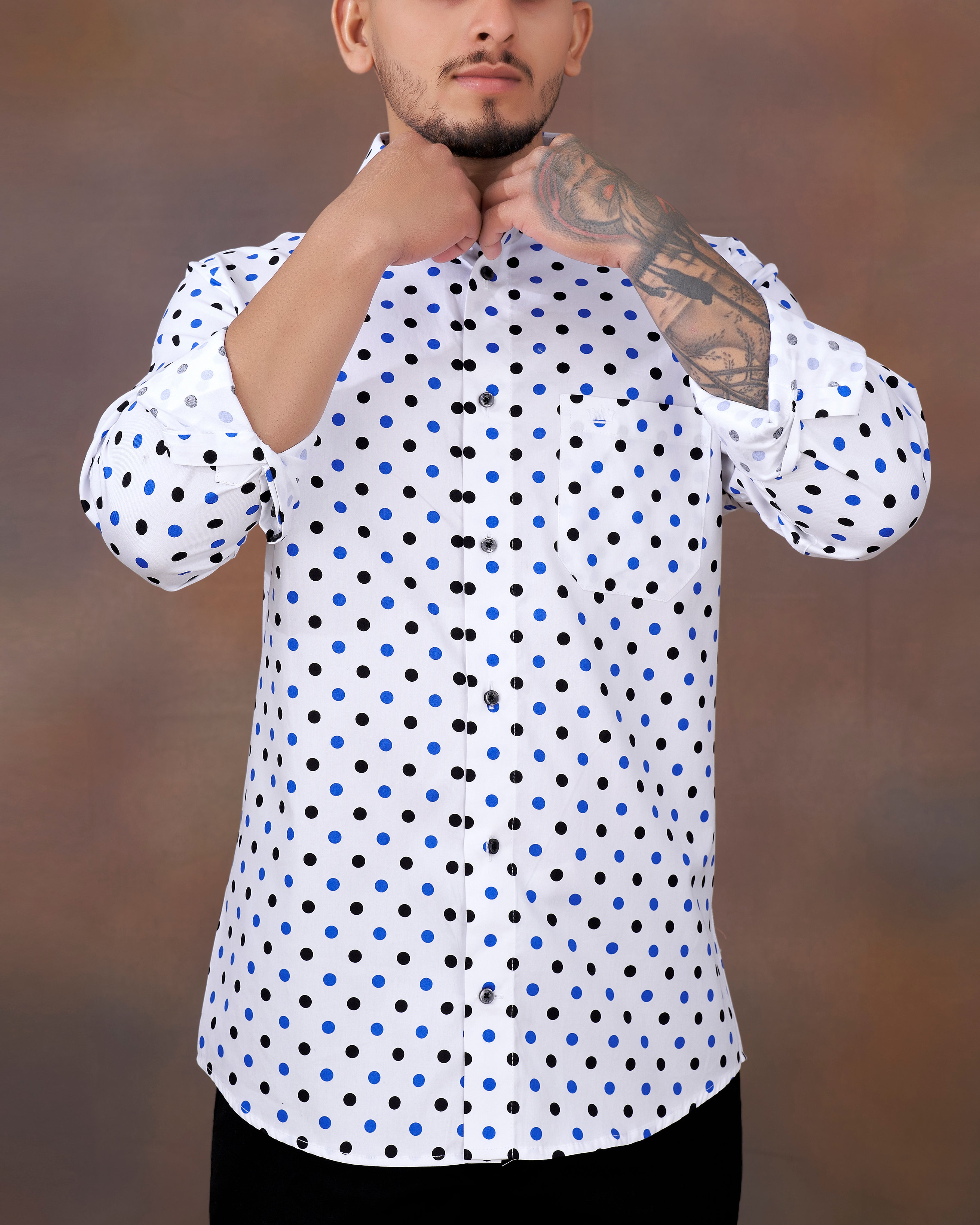 Bright White with Periwinkle Blue and Black Polka Dotted Royal Oxford Shirt