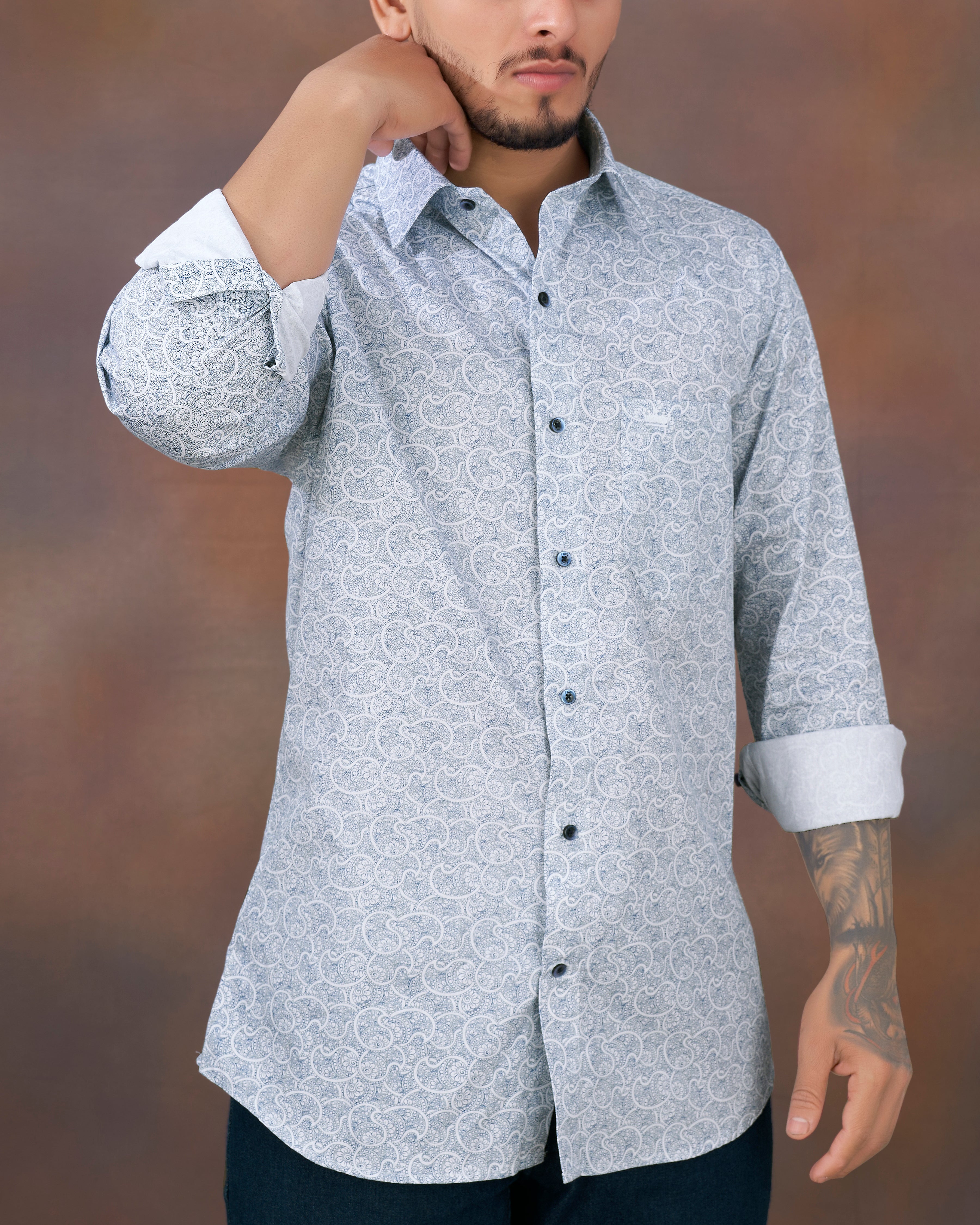 Calypso Blue and White Paisley Printed Super Soft Premium Cotton Shirt