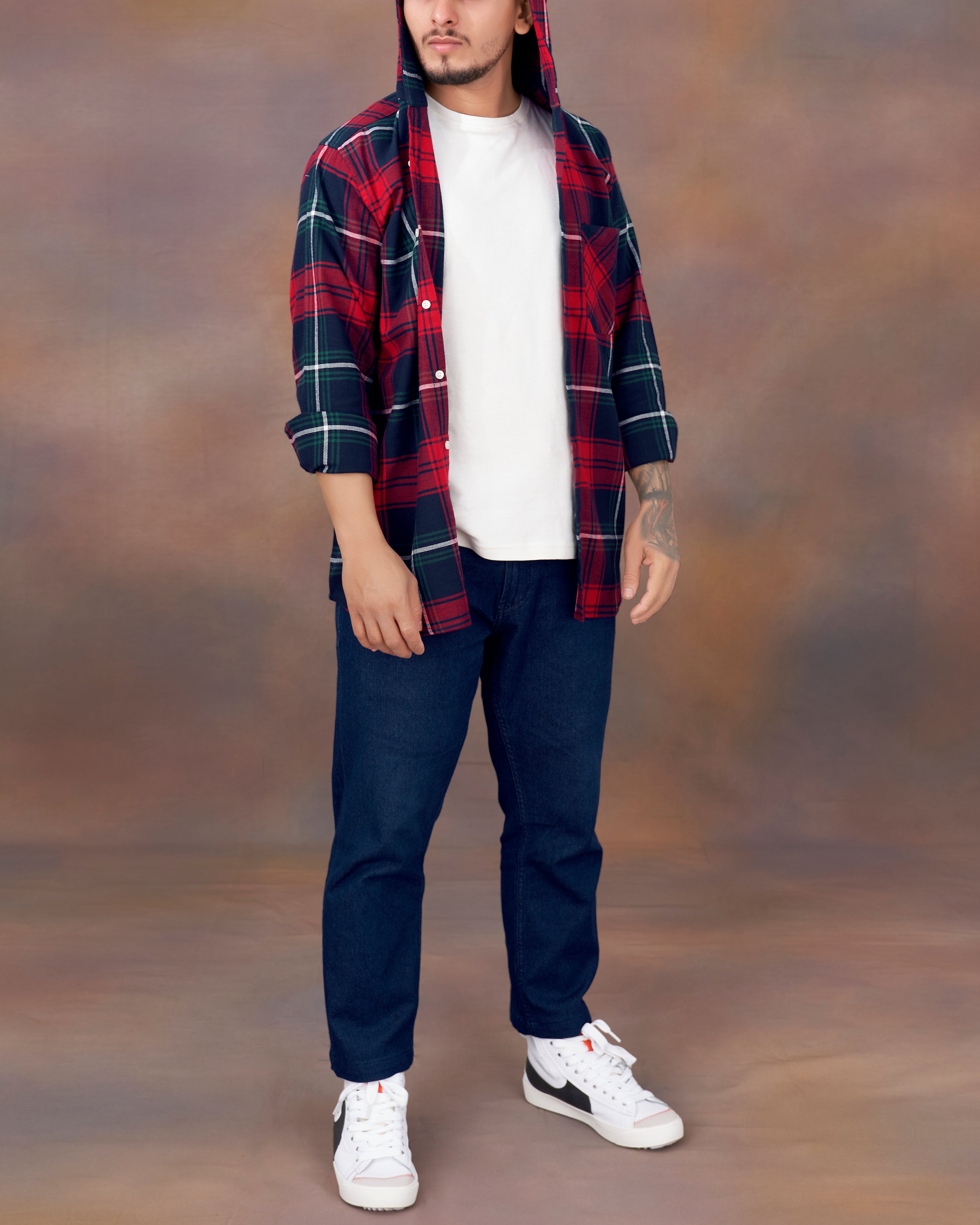 Firefly Blue with Scarlet Red Checkered Flannel Hoodie Shirt