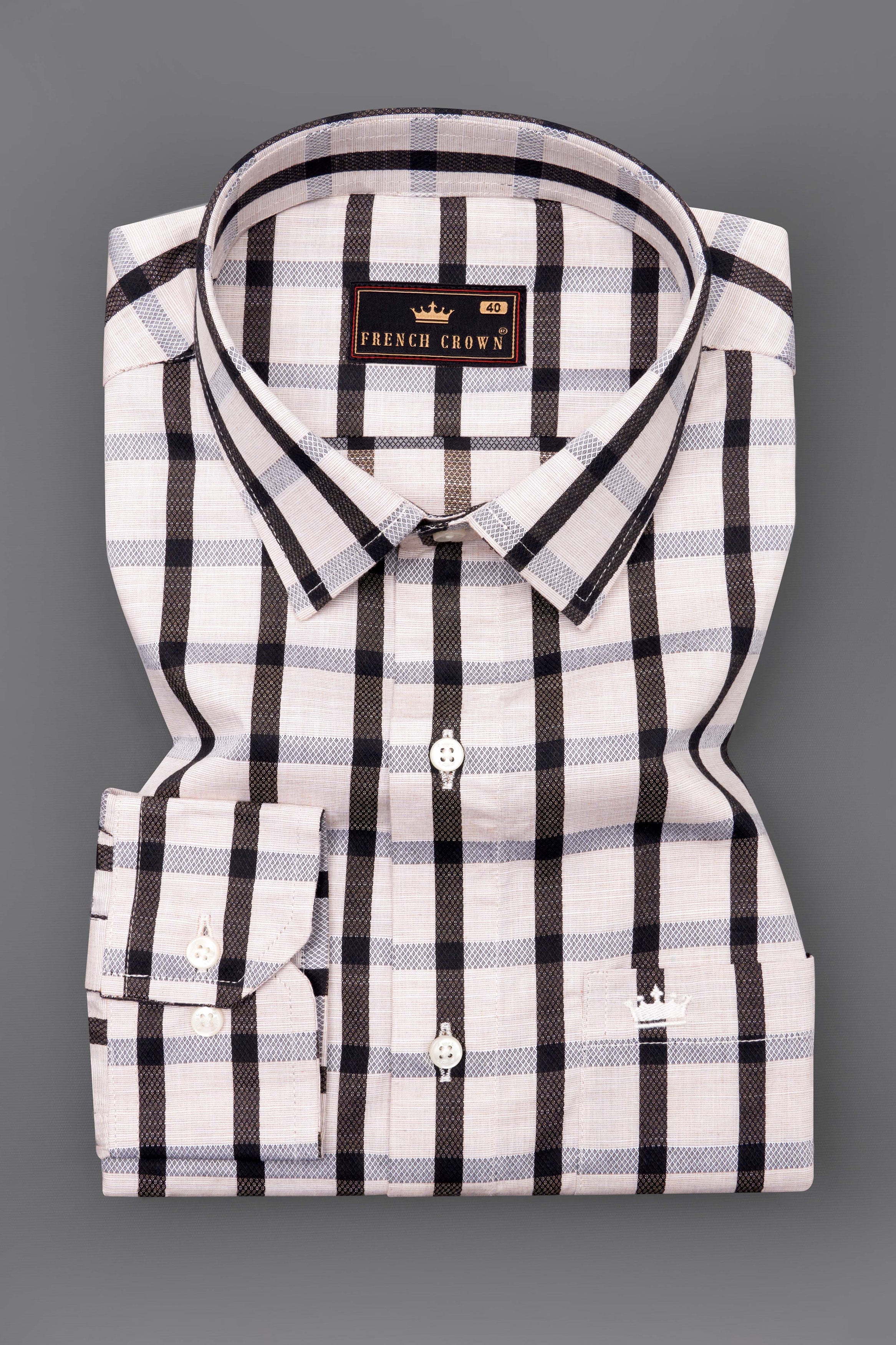 Seashell Beige with Mirage Black Checkered Funky Printed Dobby Premium Giza Cotton Shirt