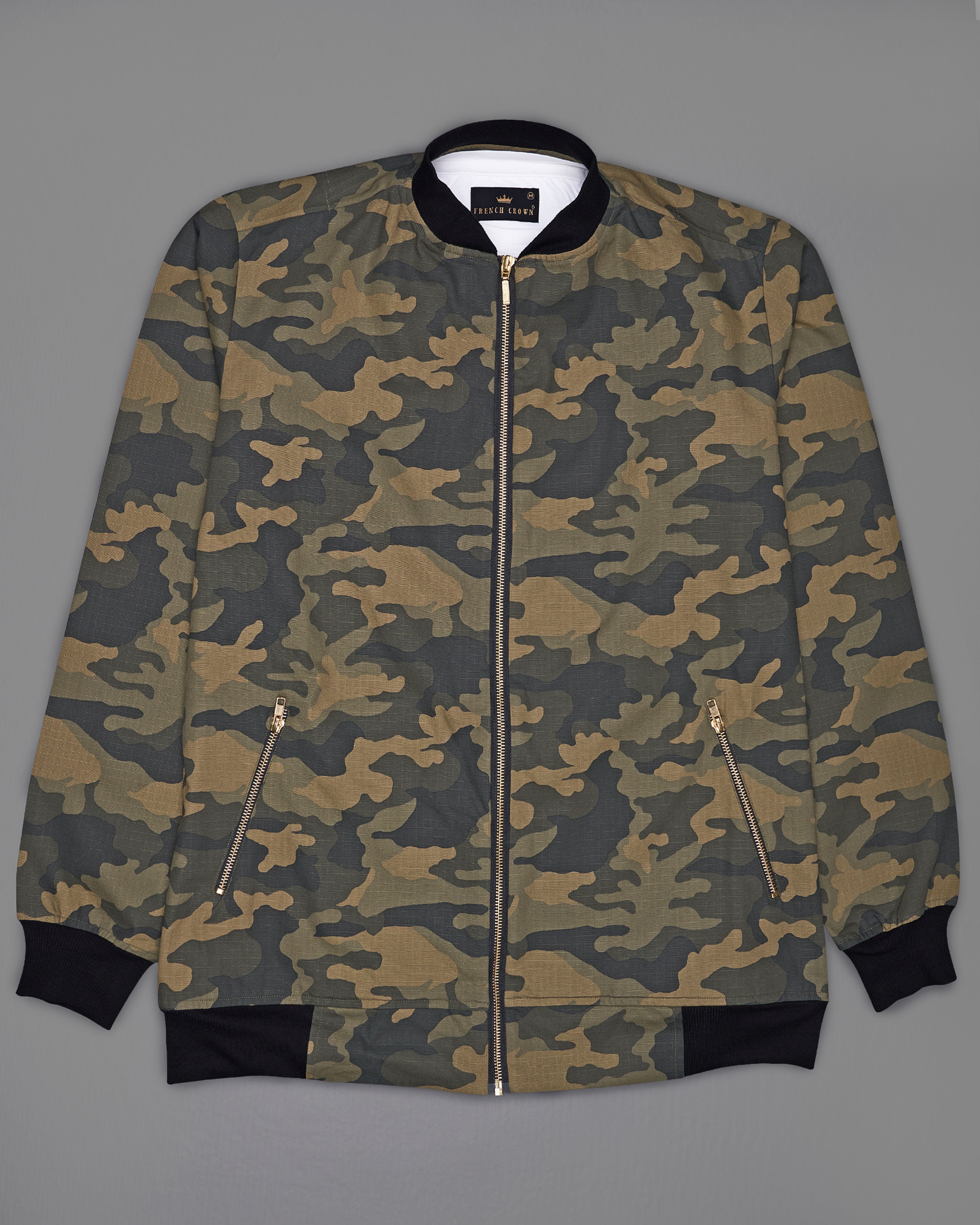 Finch Green and Tobacco Brown Camouflage Royal Oxford Bomber Jacket