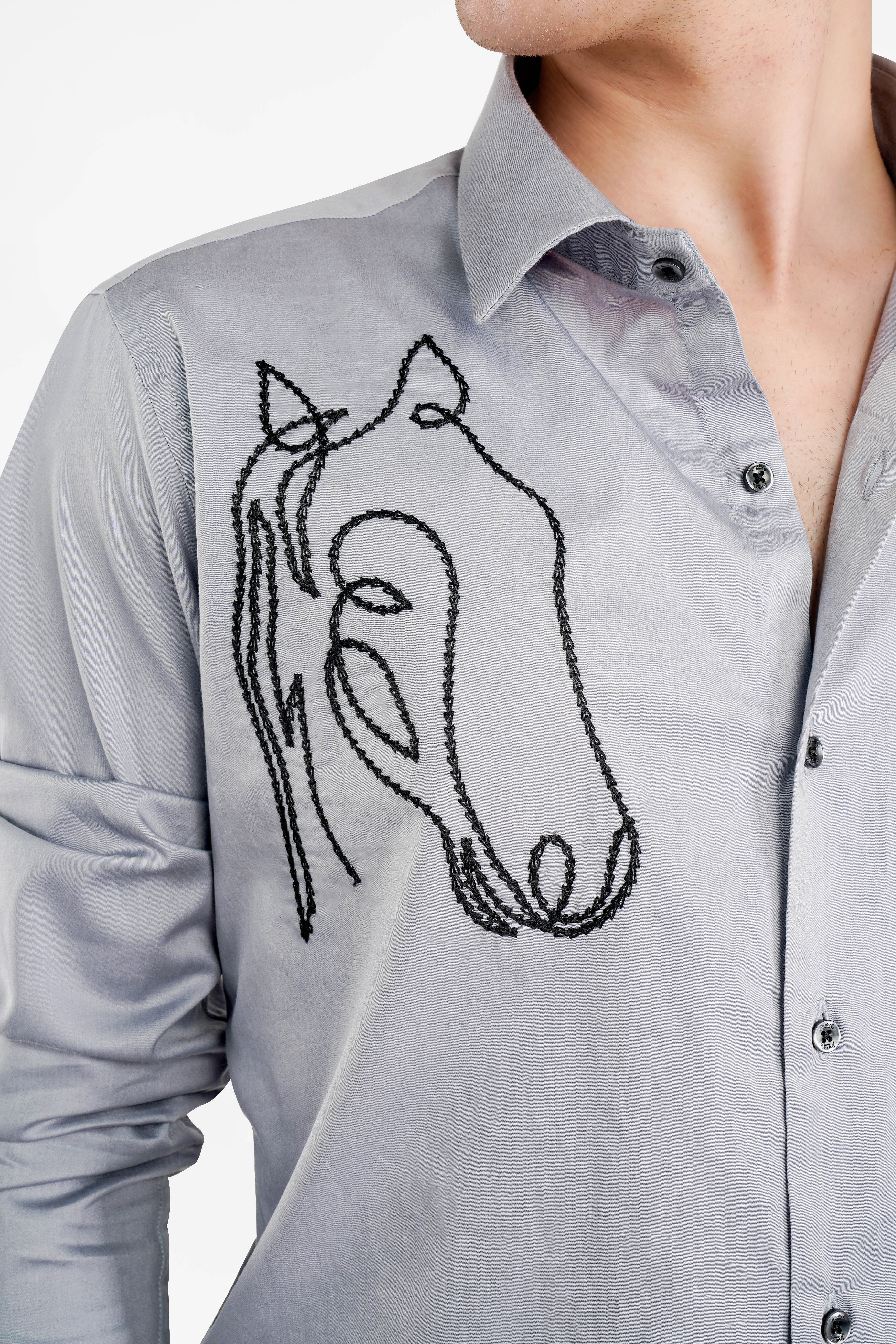 Metallic Gray Embroidered Royal Oxford Designer Shirt
