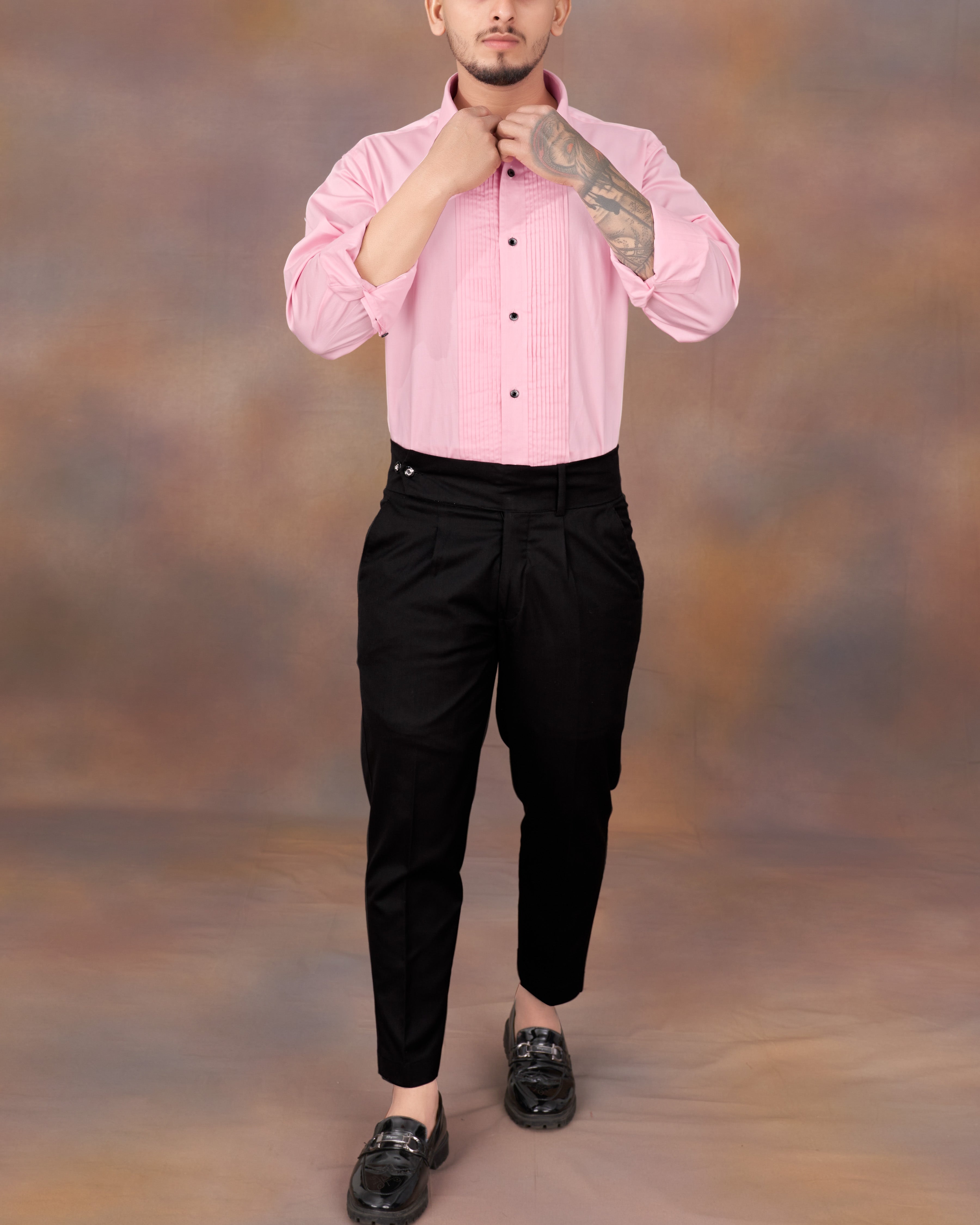 Azalea Pink Subtle Sheen Snake Pleated Super Soft Premium Cotton Tuxedo Shirt