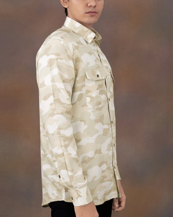 Mercury Cream with Beaver Brown Multicoloured   Camouflage Printed Premium Tencel Designer Shirt