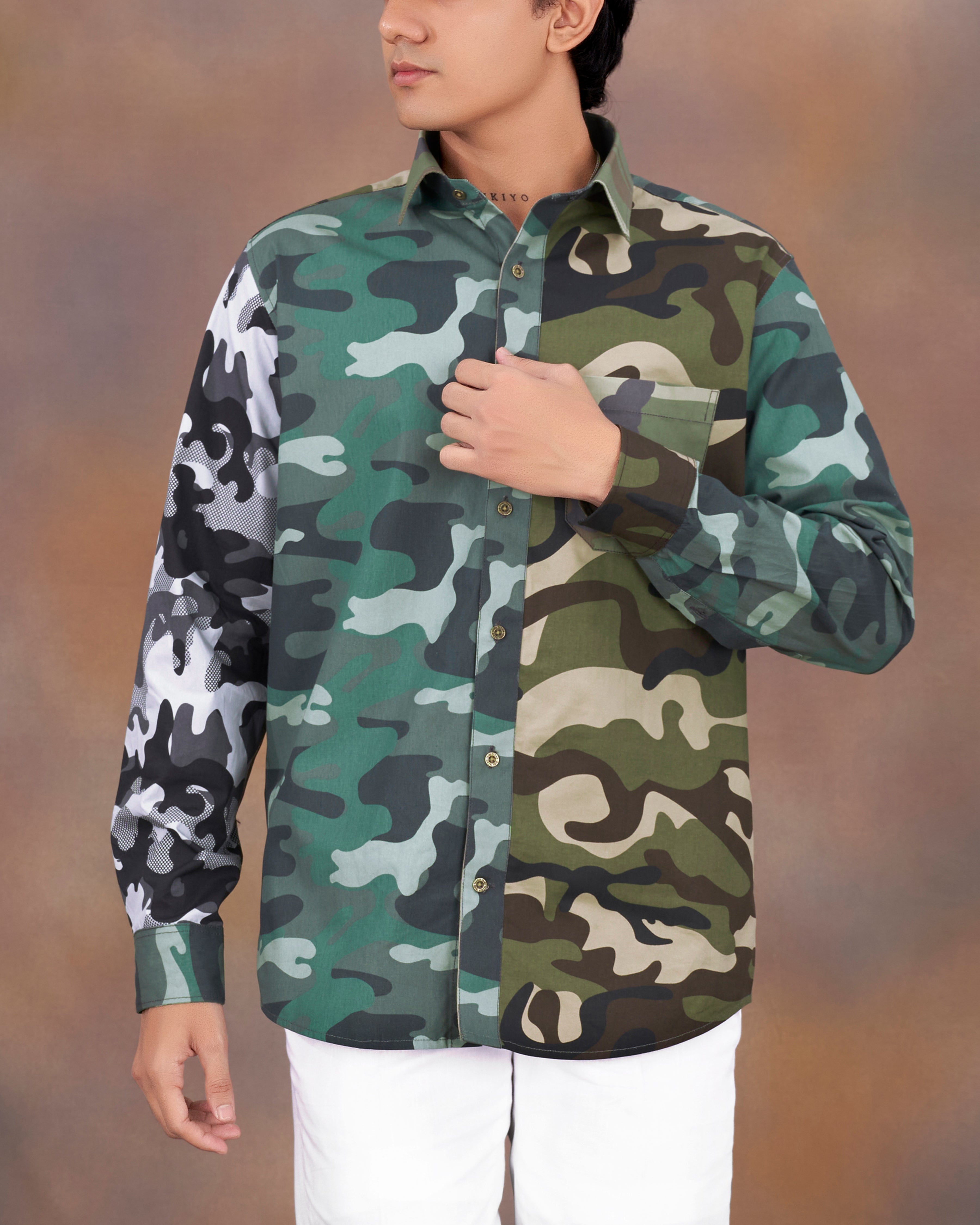 Casal Green with Gunmetal Blue Multicolour Camouflage Military Printed Royal Oxford Designer Shirt