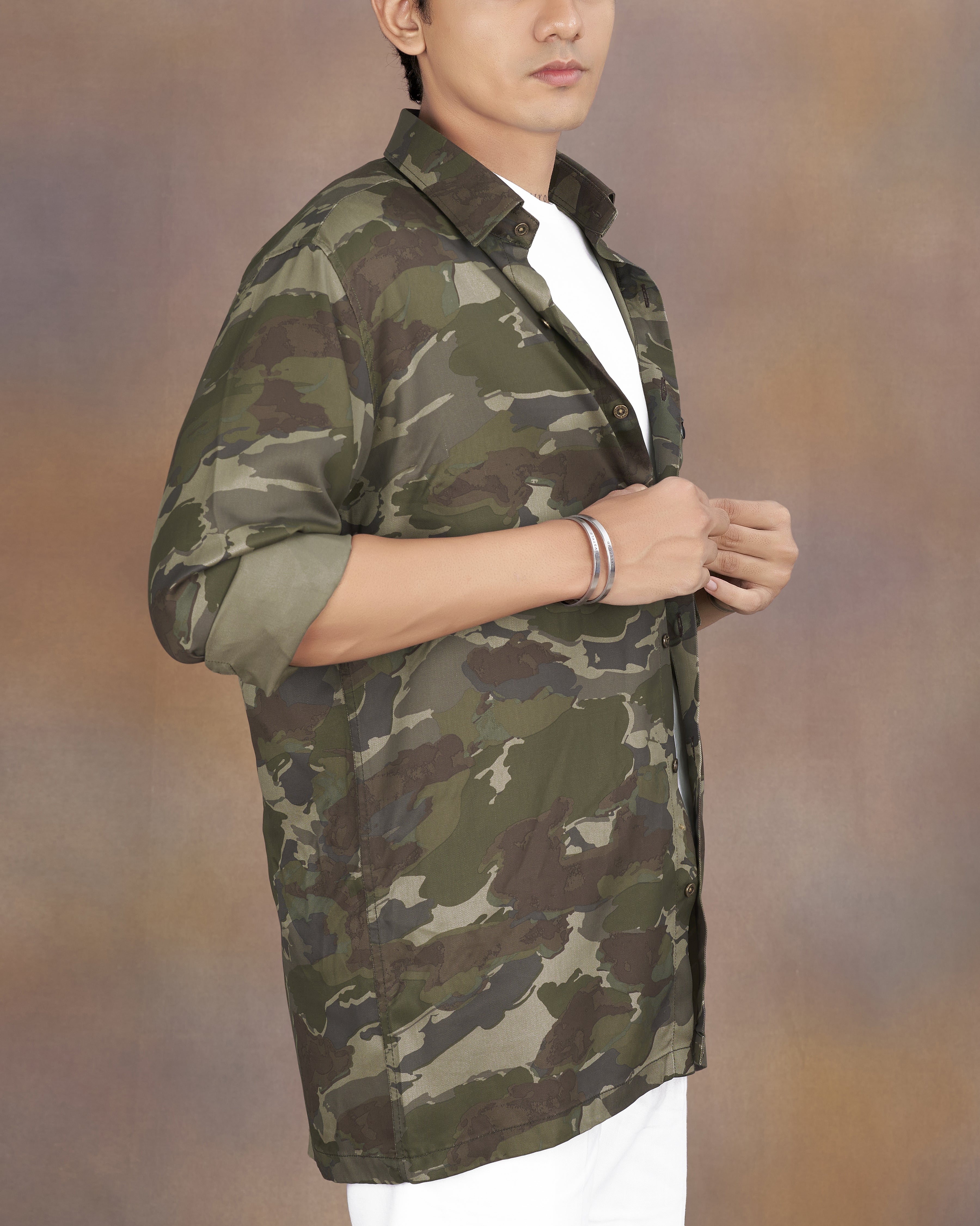 Rebel Brown with Rifle Green Multicoloured Camouflage Military Printed Royal Oxford Designer Shirt