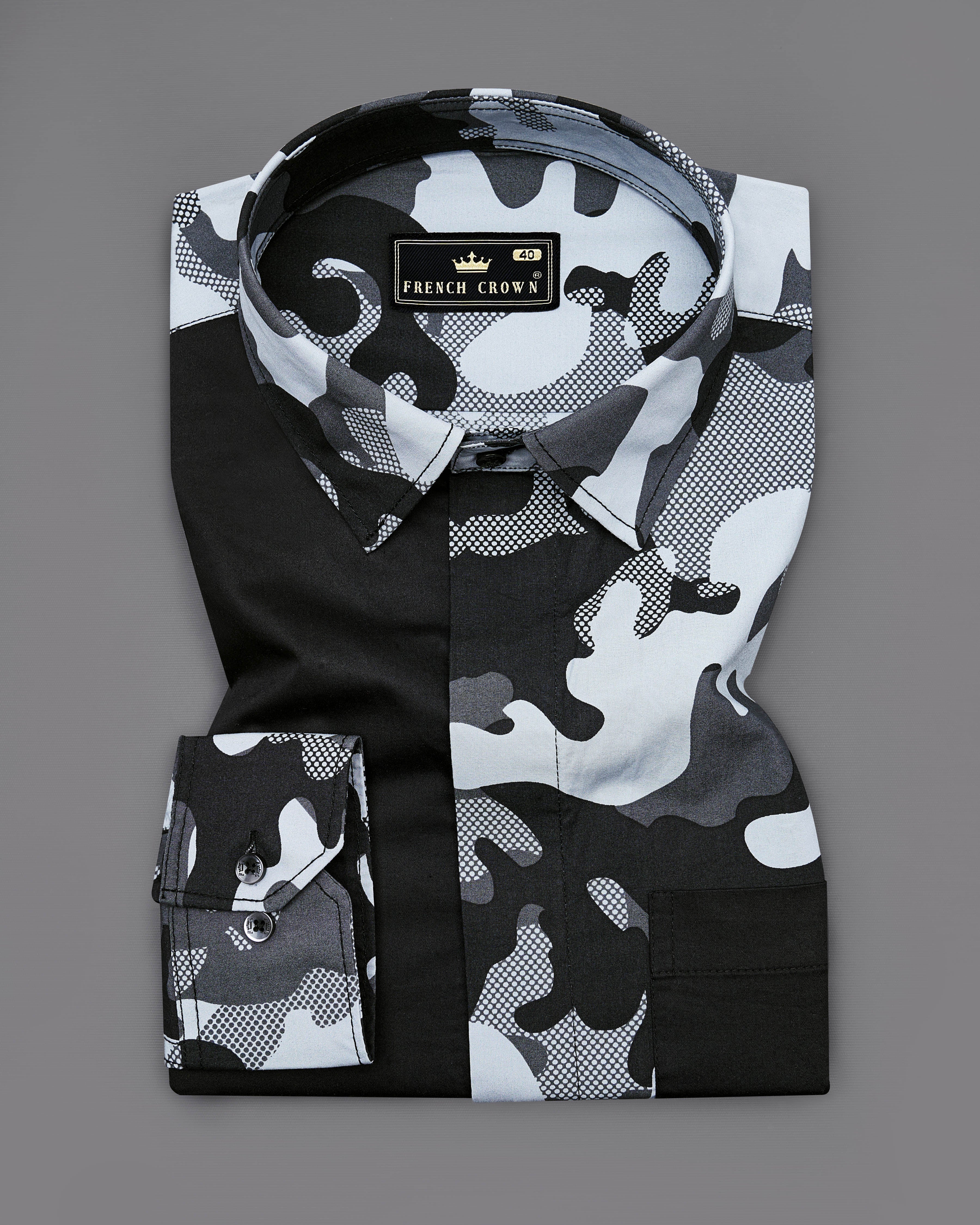 Gunmetal Gray with Black and White Camouflage Printed Premium Tencel Designer Shirt 8909-P311-38, 8909-P311-H-38,  8909-P311-39,  8909-P311-H-39,  8909-P311-40,  8909-P311-H-40,  8909-P311-42,  8909-P311-H-42,  8909-P311-44,  8909-P311-H-44,  8909-P311-46,  8909-P311-H-46,  8909-P311-48,  8909-P311-H-48,  8909-P311-50,  8909-P311-H-50,  8909-P311-52,  8909-P311-H-52