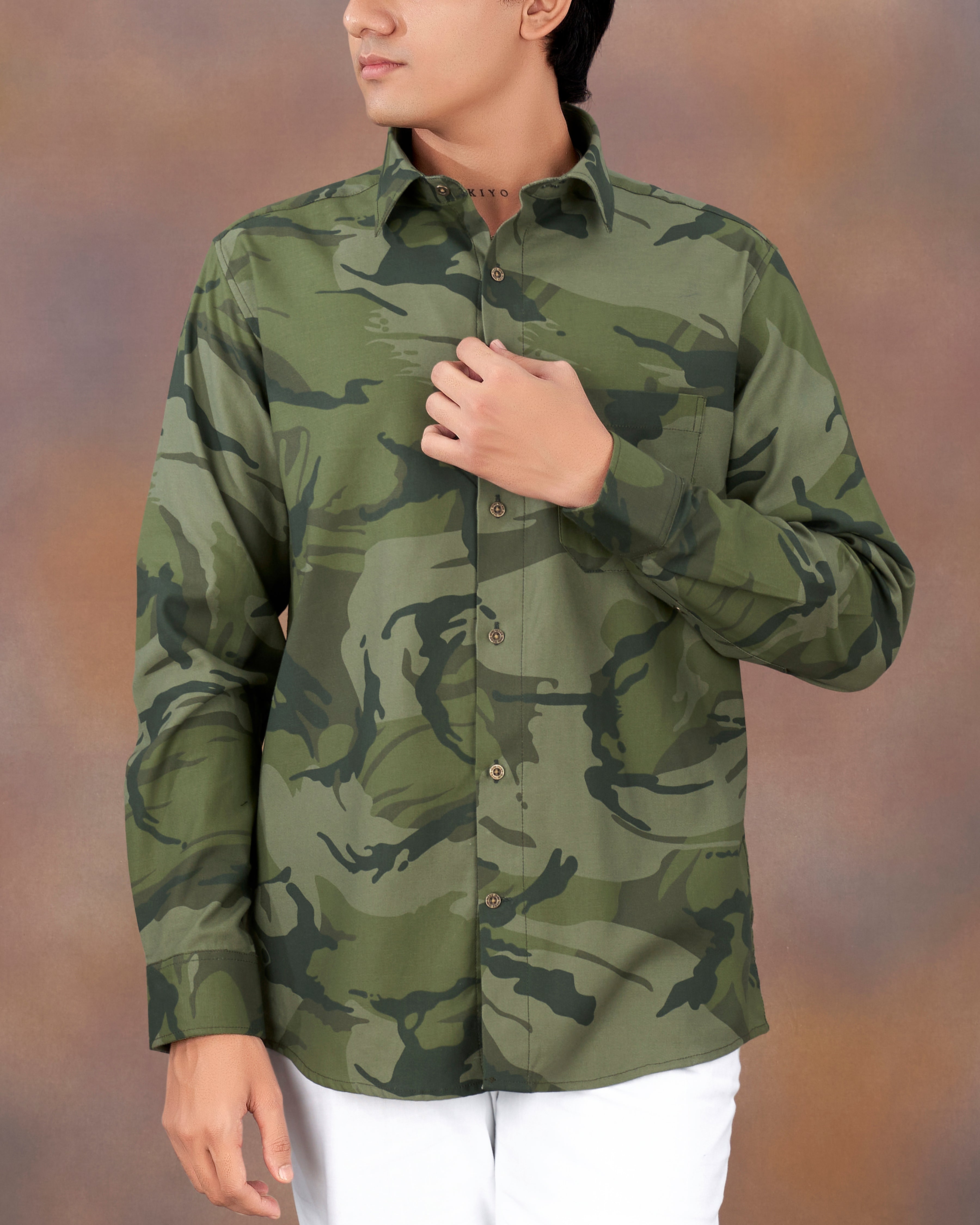 Fuscous Green with Birch Dark Green Camouflage Printed Royal Oxford Shirt