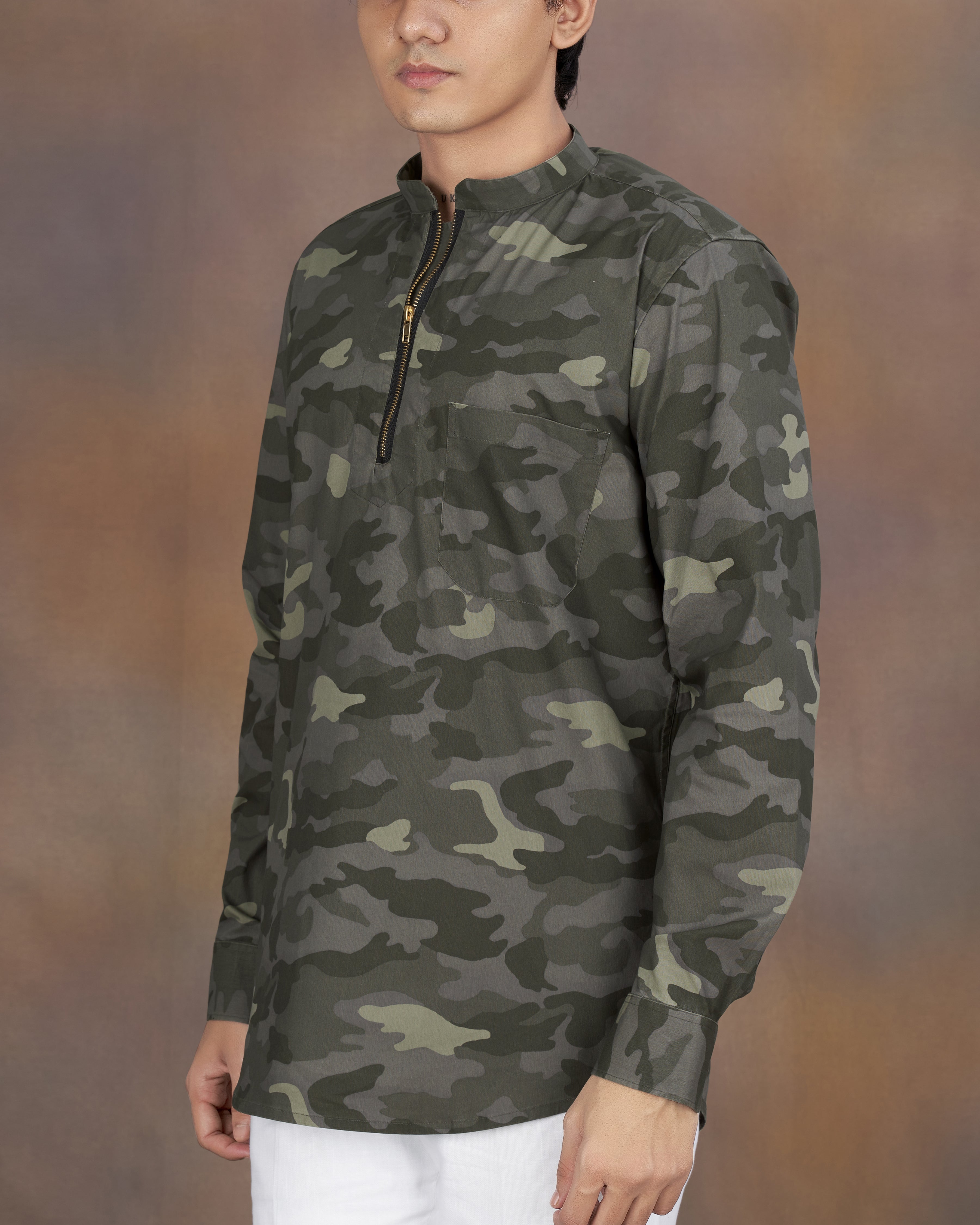 Birch Green with Wenge Gray Camouflage Printed Royal Oxford Designer zipper Shirt