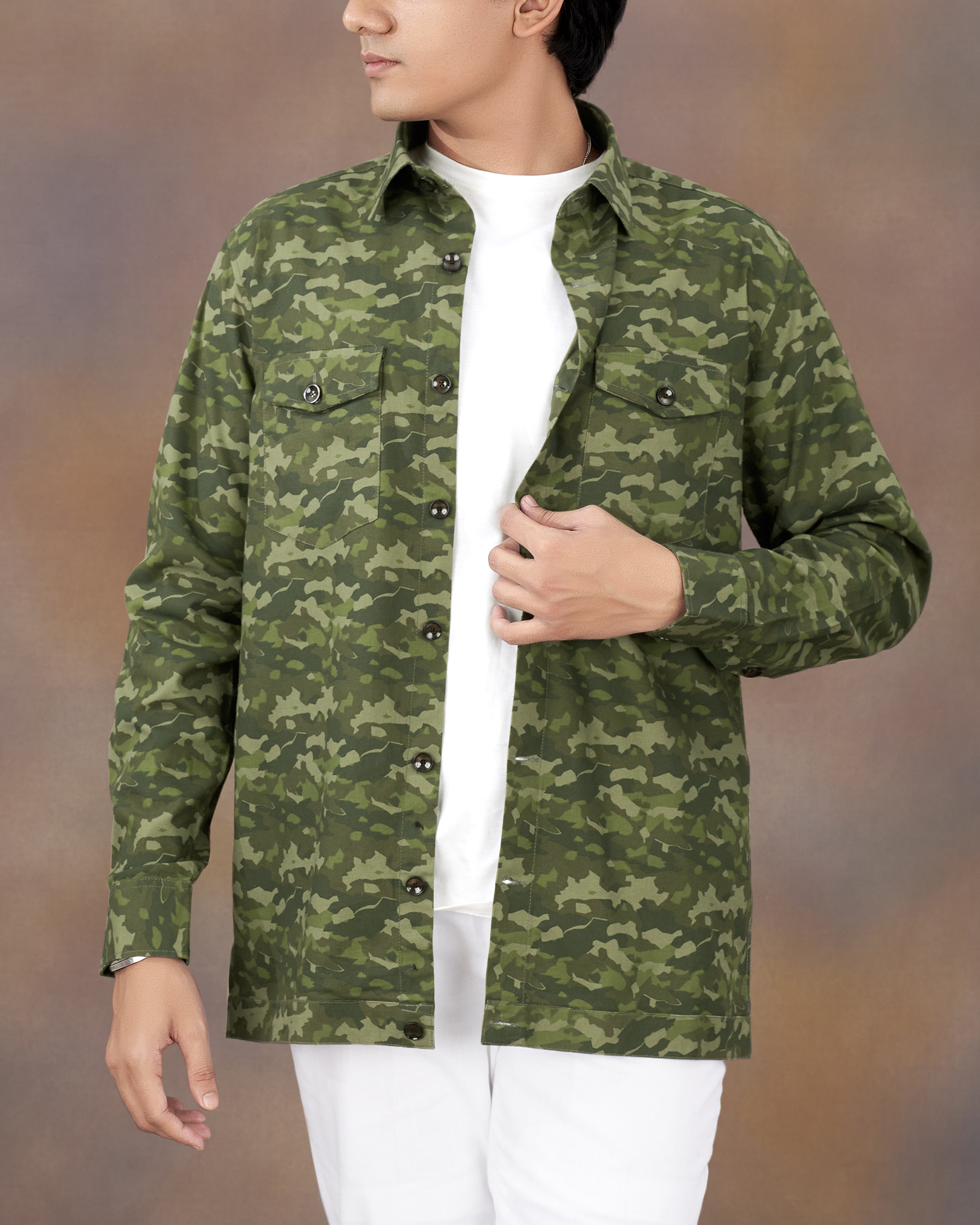 Rifle Green with Stonewall Brown Camouflage Printed Royal Oxford Designer Shirt