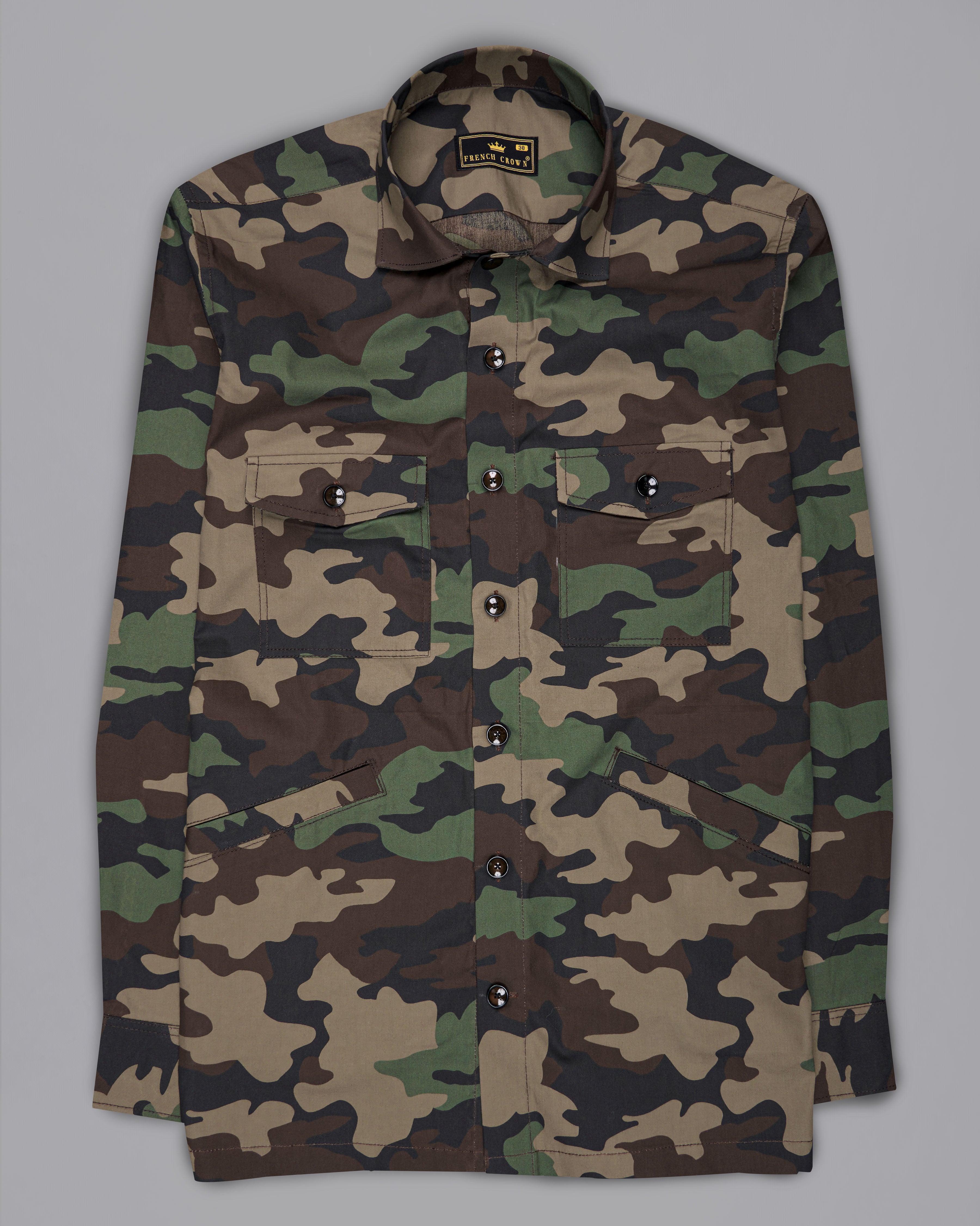 Bronco Brown with Ironside Green Camouflage Printed Royal Oxford Designer OverShirt 8932-BLK-P327-38, 8932-BLK-P327-H-38,  8932-BLK-P327-39,  8932-BLK-P327-H-39,  8932-BLK-P327-40,  8932-BLK-P327-H-40,  8932-BLK-P327-42,  8932-BLK-P327-H-42,  8932-BLK-P327-44,  8932-BLK-P327-H-44,  8932-BLK-P327-46,  8932-BLK-P327-H-46,  8932-BLK-P327-48,  8932-BLK-P327-H-48,  8932-BLK-P327-50,  8932-BLK-P327-H-50,  8932-BLK-P327-52,  8932-BLK-P327-H-52