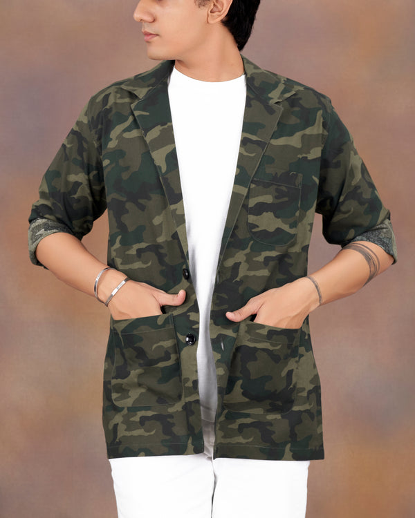 Finch Brown with Everglade Green Camouflage Printed Royal Oxford Designer Overshirt/Shacket