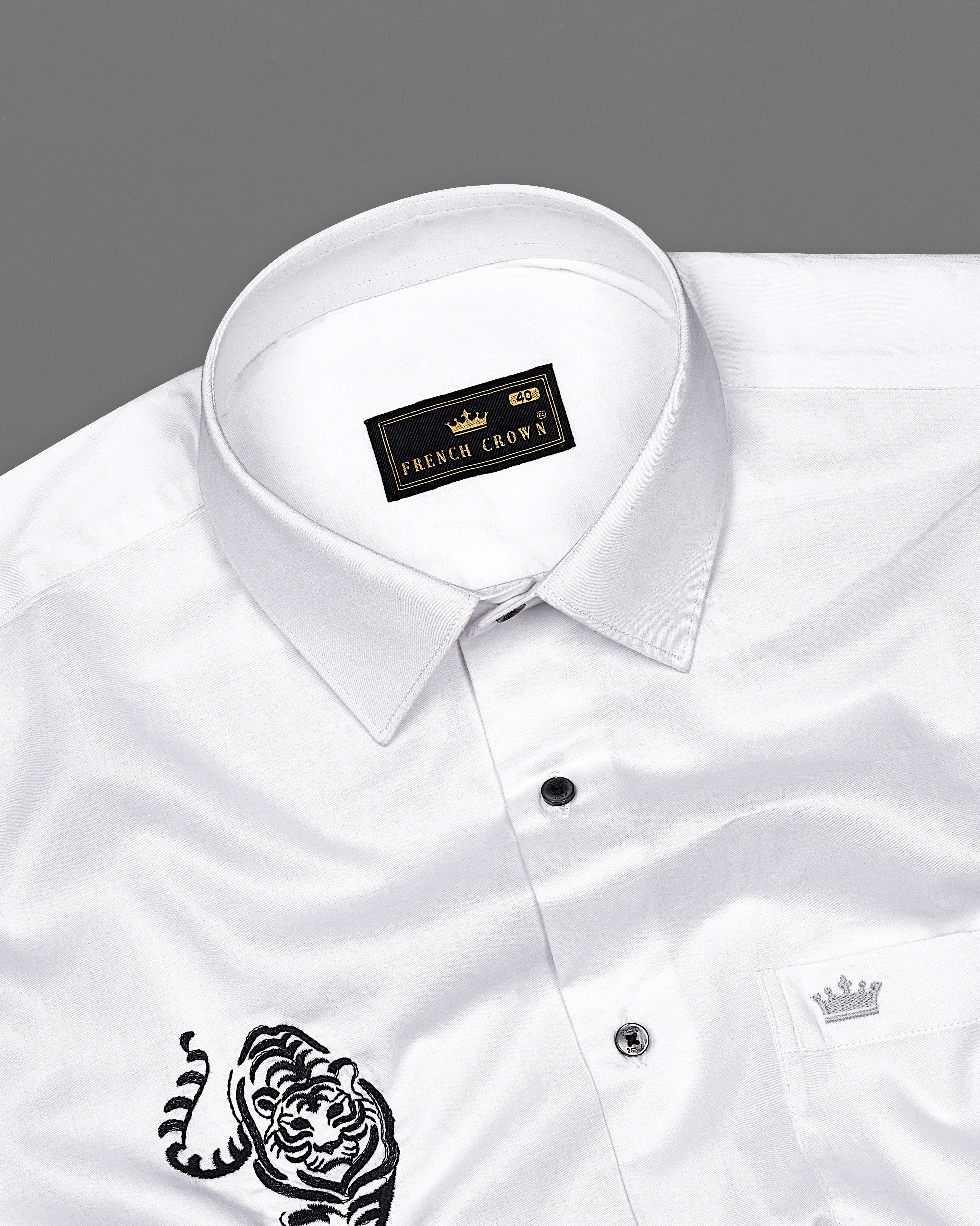 Bright White Subtle Sheen Tiger Embroidered Super Soft Premium Cotton Shirt 8937-BLK-E015-38, 8937-BLK-E015-H-38, 8937-BLK-E015-39, 8937-BLK-E015-H-39, 8937-BLK-E015-40, 8937-BLK-E015-H-40, 8937-BLK-E015-42, 8937-BLK-E015-H-42, 8937-BLK-E015-44, 8937-BLK-E015-H-44, 8937-BLK-E015-46, 8937-BLK-E015-H-46, 8937-BLK-E015-48, 8937-BLK-E015-H-48, 8937-BLK-E015-50, 8937-BLK-E015-H-50, 8937-BLK-E015-52, 8937-BLK-E015-H-52