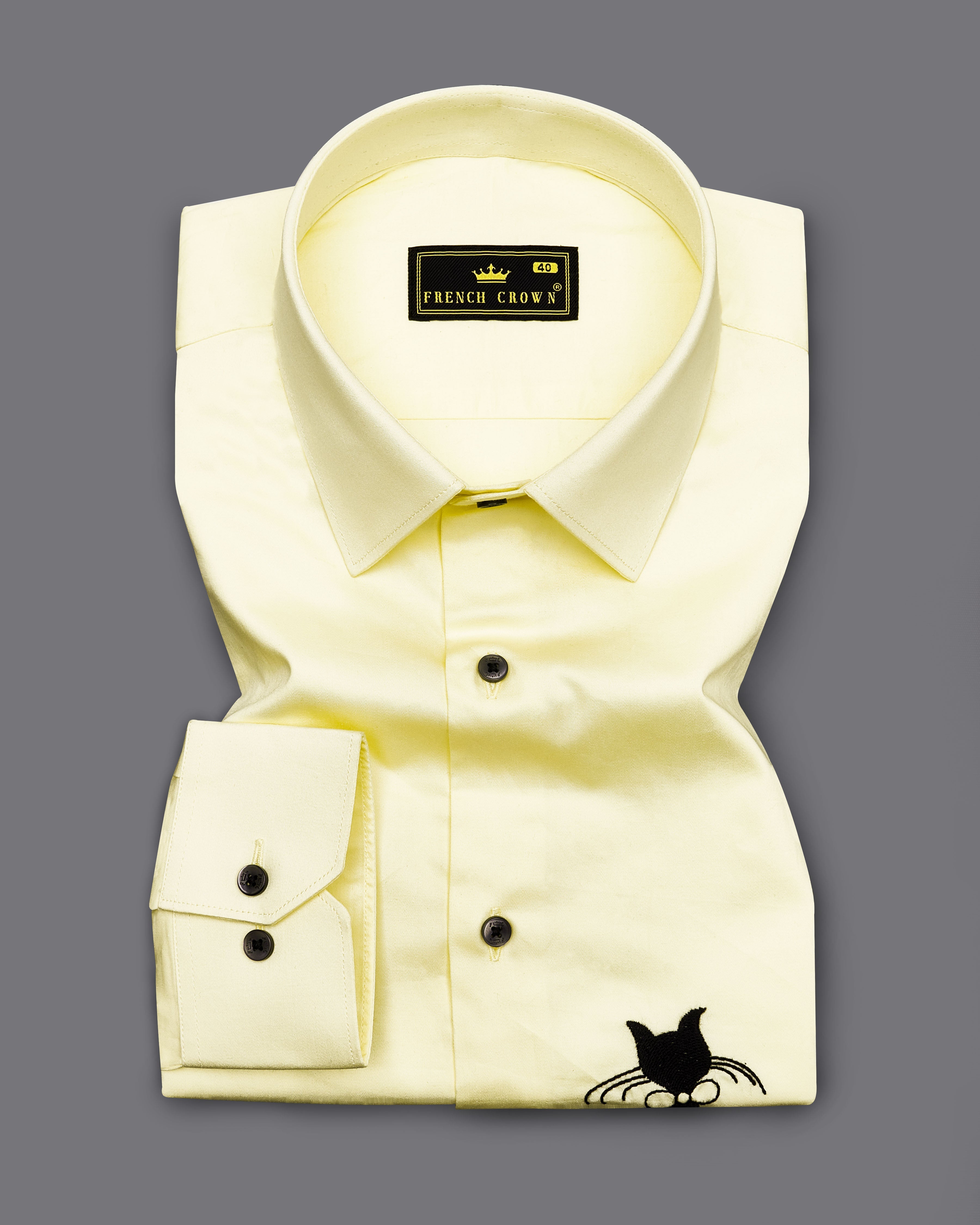 Citrine Yellow With Cat Embroidered Casual Plain-solid Premium