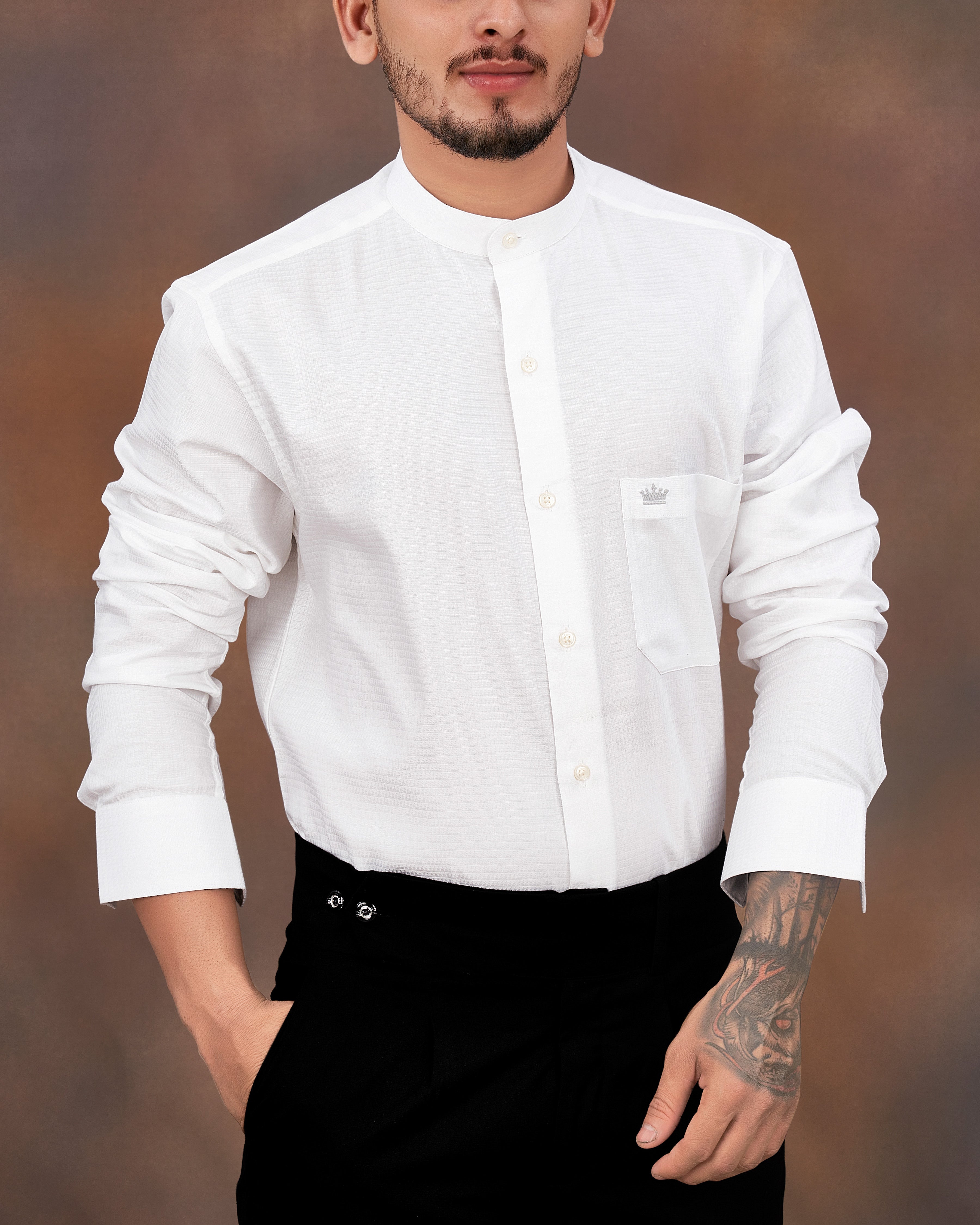 Bright White Dobby Textured Premium Giza Cotton Mandarin Collar Shirt 8965-M-38, 8965-M-H-38, 8965-M-39, 8965-M-H-39, 8965-M-40, 8965-M-H-40, 8965-M-42, 8965-M-H-42, 8965-M-44, 8965-M-H-44, 8965-M-46, 8965-M-H-46, 8965-M-48, 8965-M-H-48, 8965-M-50, 8965-M-H-50, 8965-M-52, 8965-M-H-52