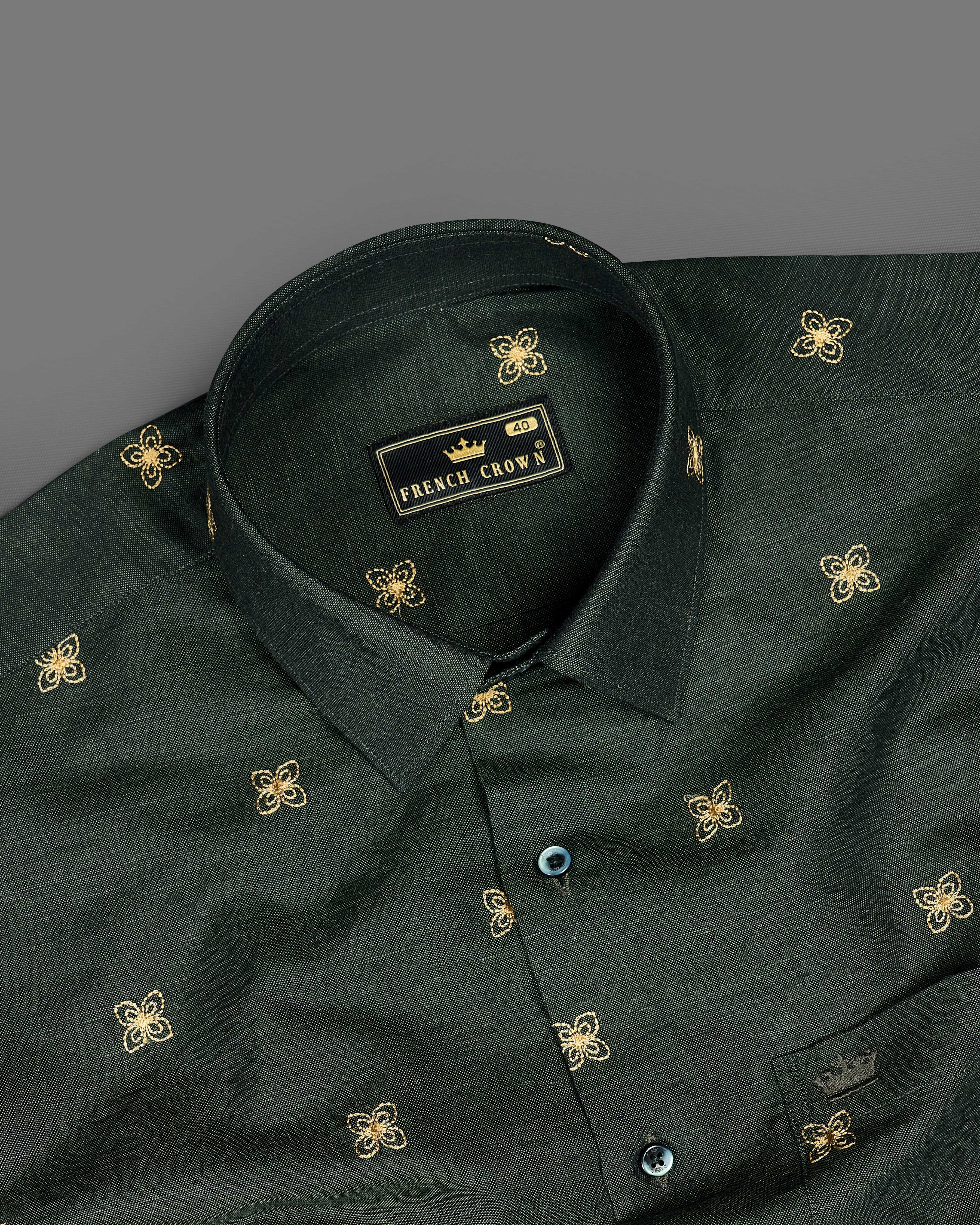 Mine Shaft Green Embroidered Luxurious Linen Shirt